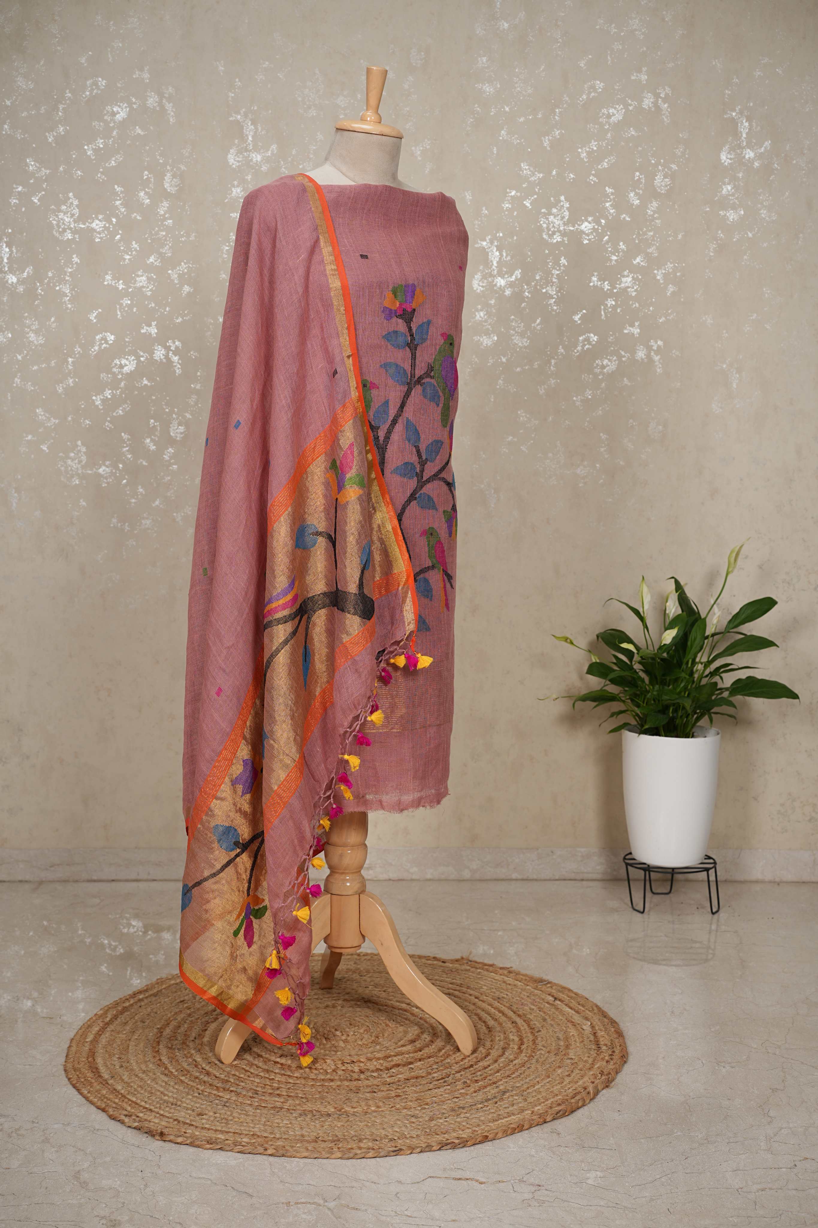 Paithani Jamdani Handloom 2-Piece Suit with Peacock Motif & Tassels