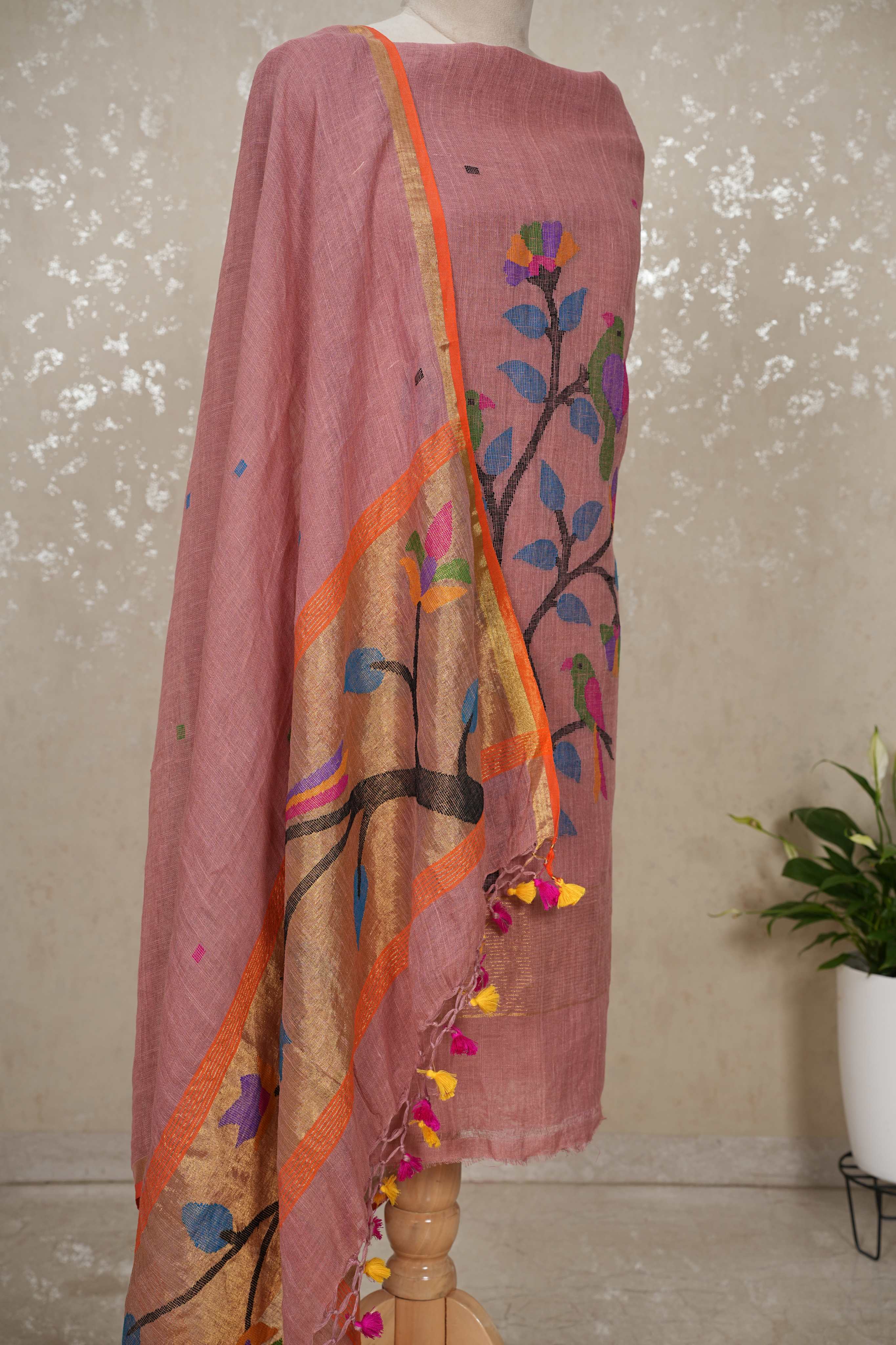 Paithani Jamdani Handloom 2-Piece Suit with Peacock Motif & Tassels