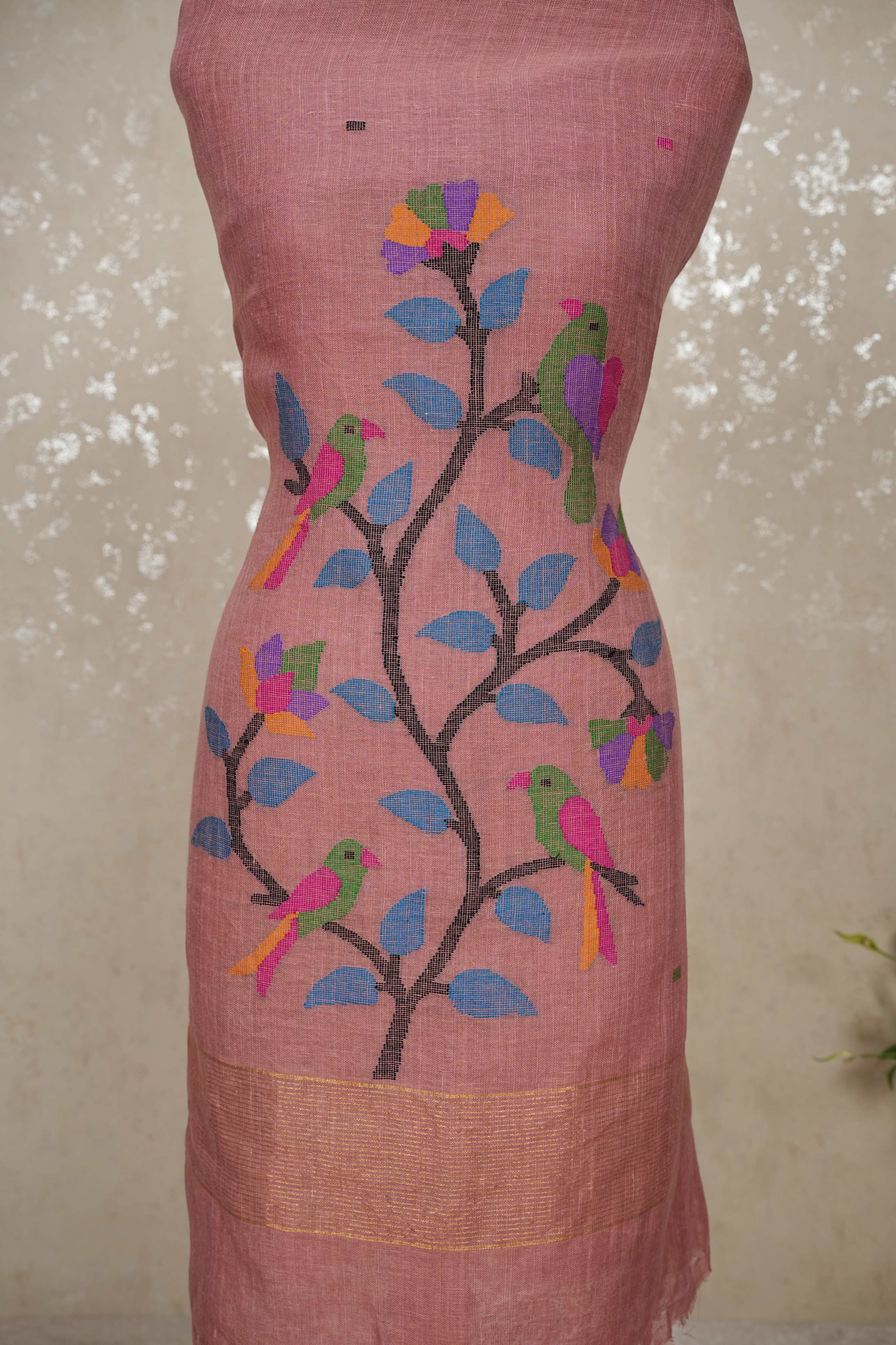 Paithani Jamdani Handloom 2-Piece Suit with Peacock Motif & Tassels