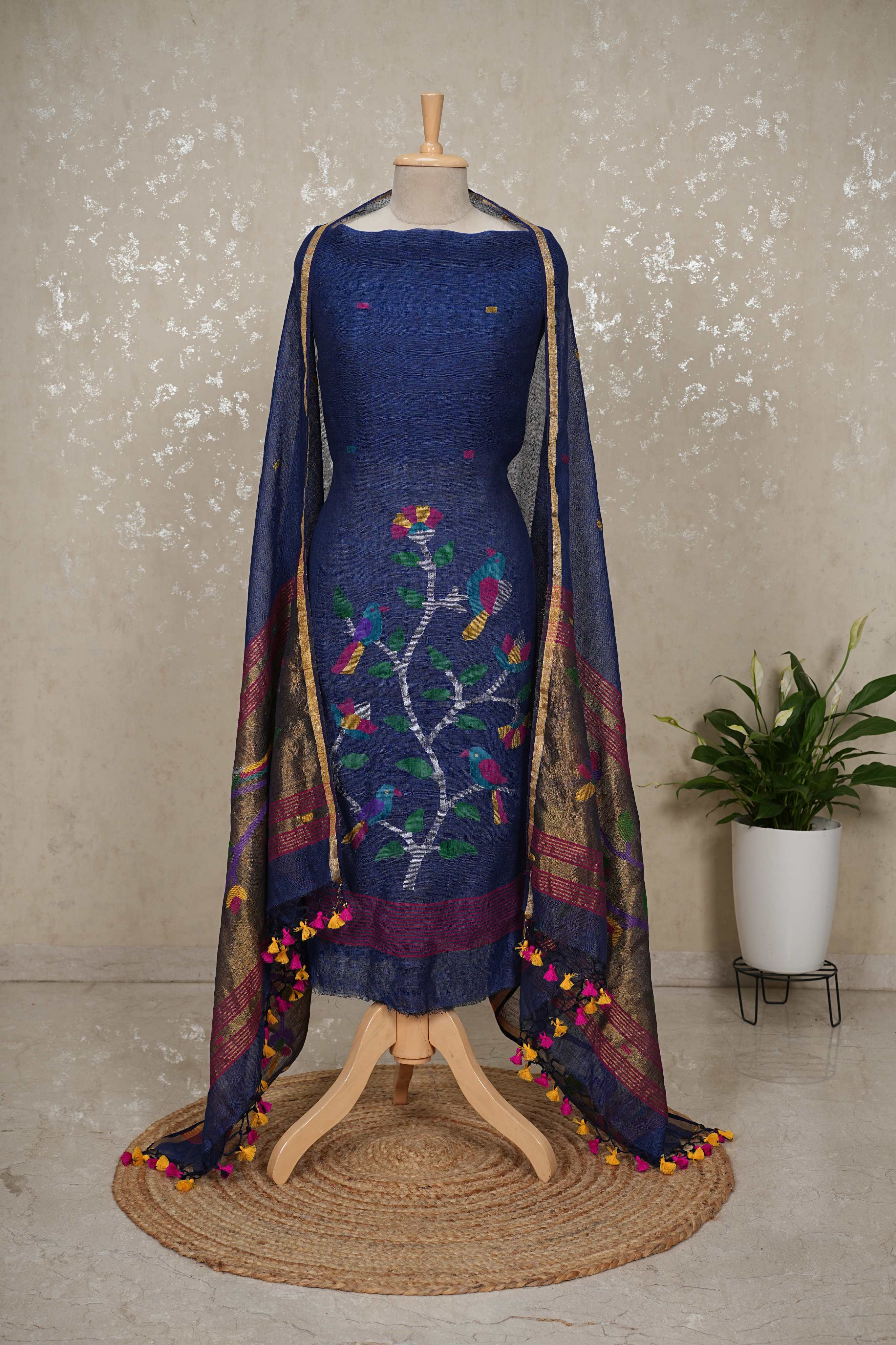 Paithani Jamdani Handloom 2-Piece Suit with Peacock Motif & Tassels