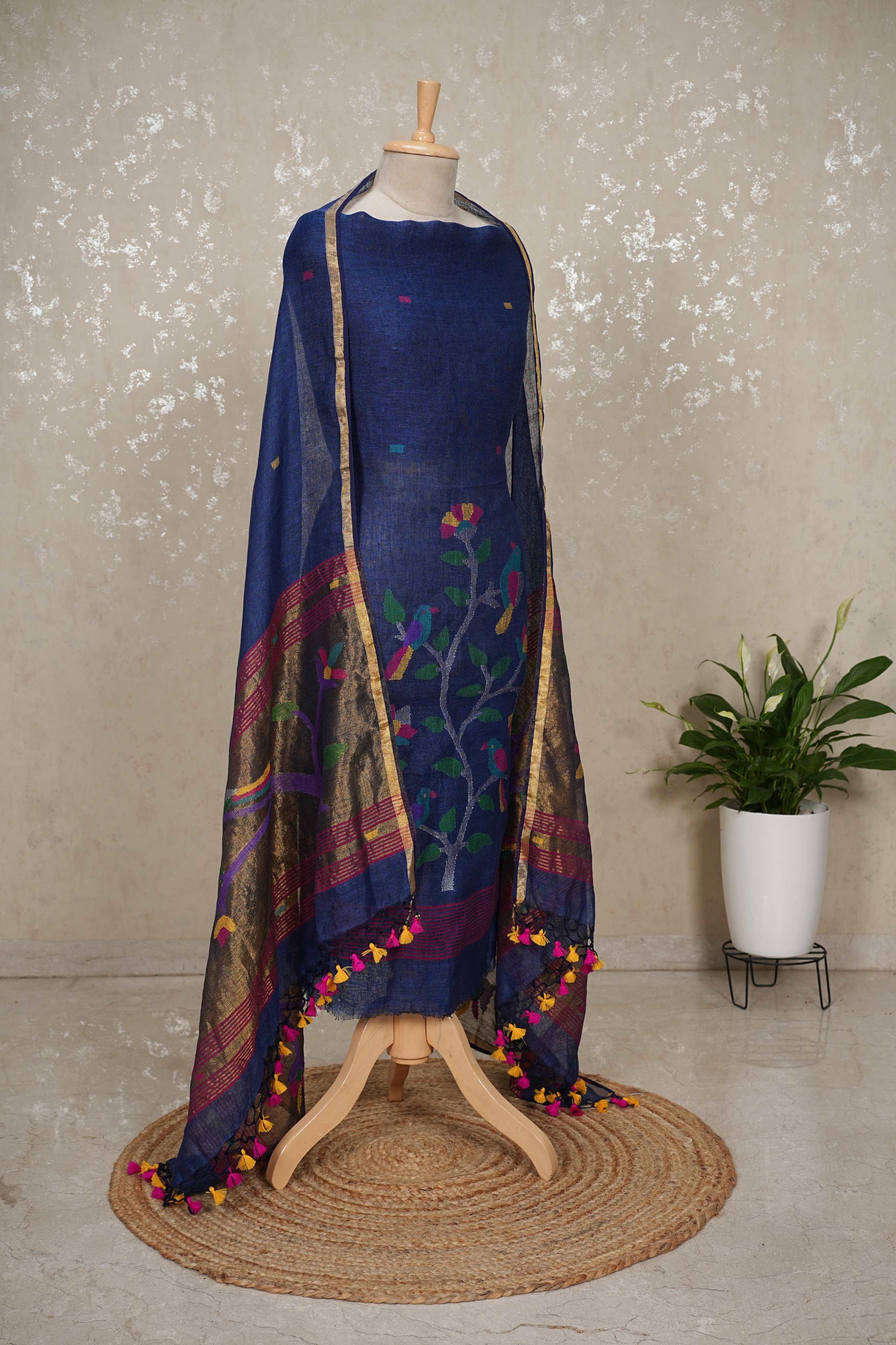 Paithani Jamdani Handloom 2-Piece Suit with Peacock Motif & Tassels
