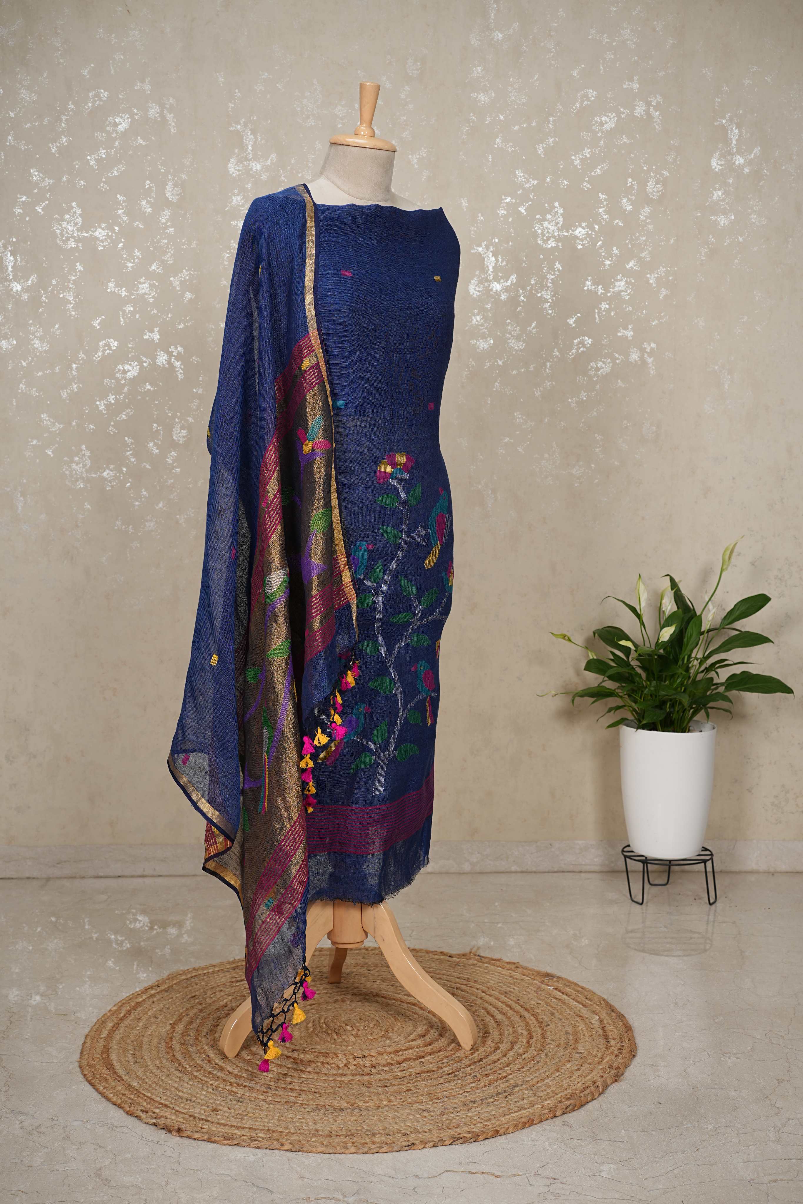 Paithani Jamdani Handloom 2-Piece Suit with Peacock Motif & Tassels