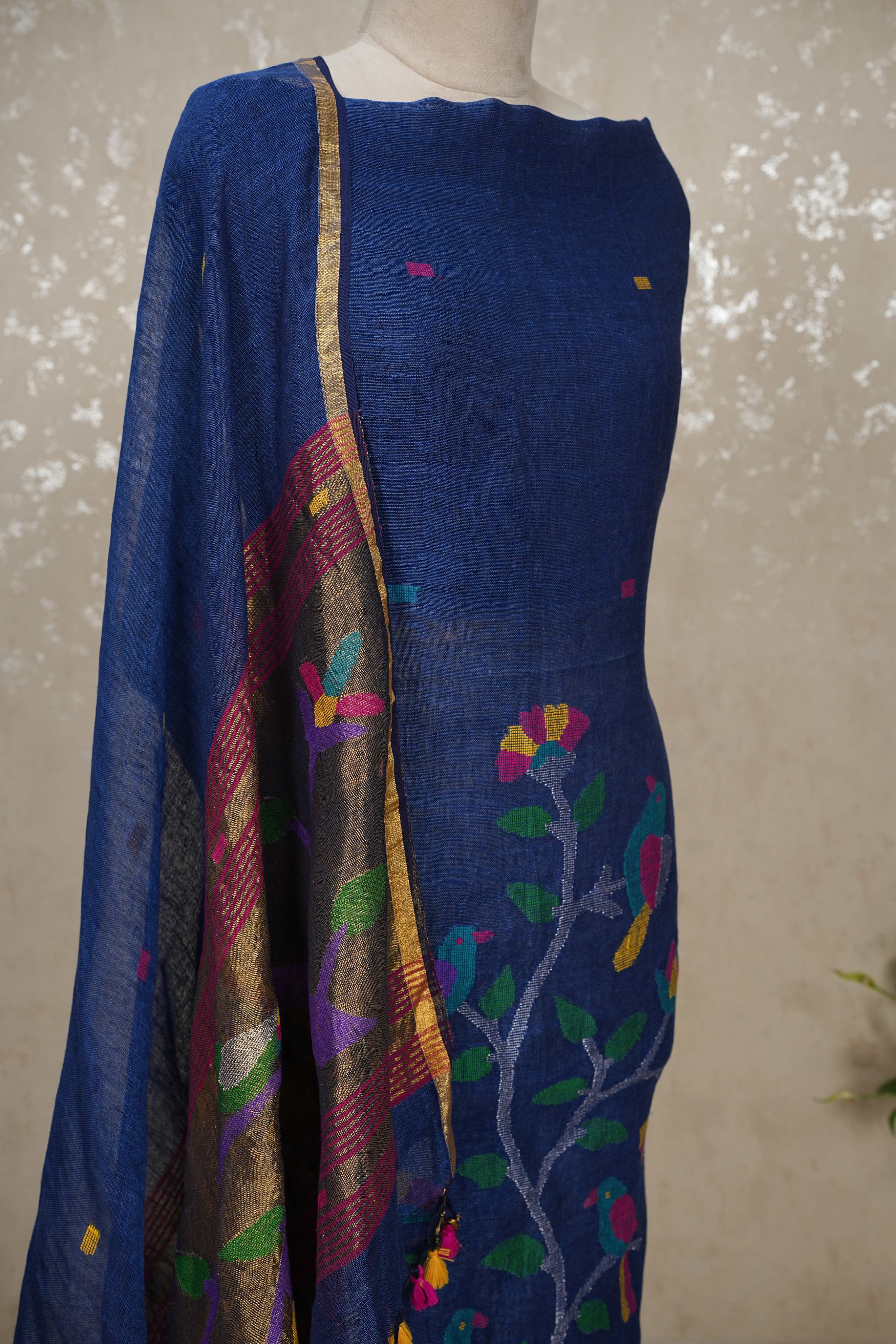 Paithani Jamdani Handloom 2-Piece Suit with Peacock Motif & Tassels