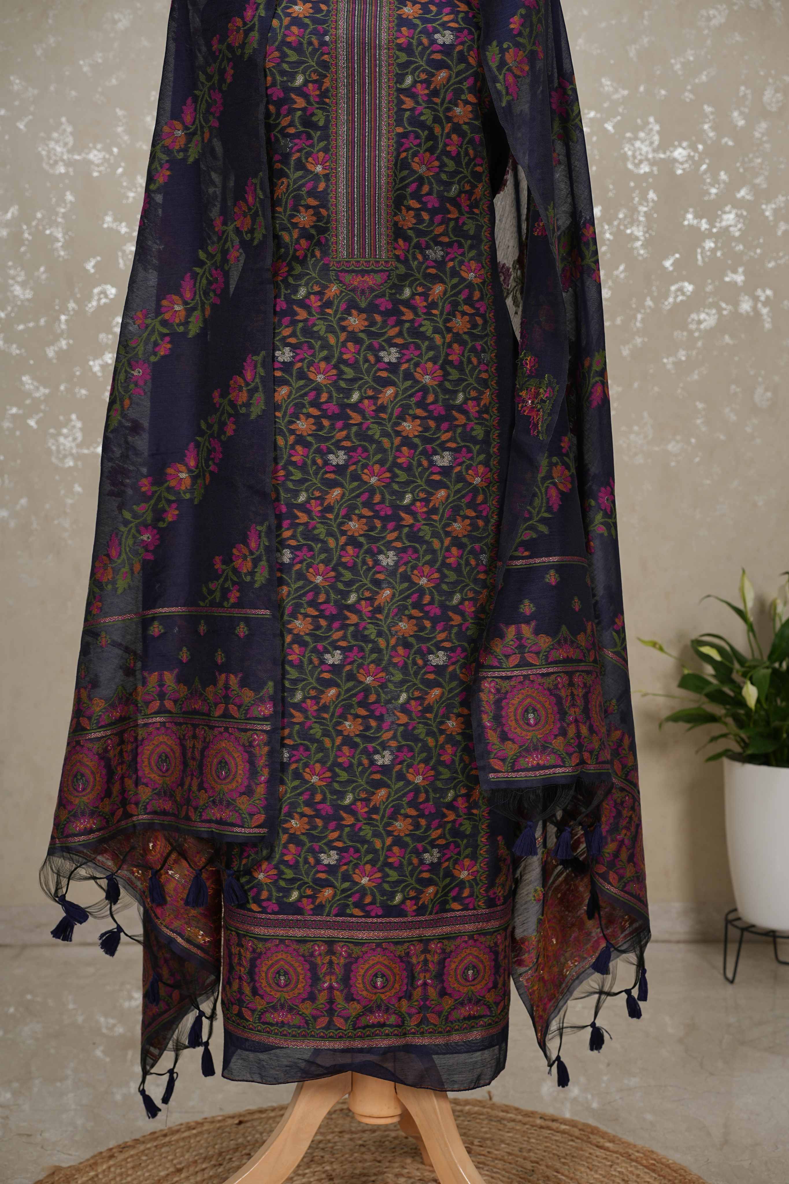 Jamdani Weaving Munga Cotton Fabric 3pc suit with back and sleeves fabric