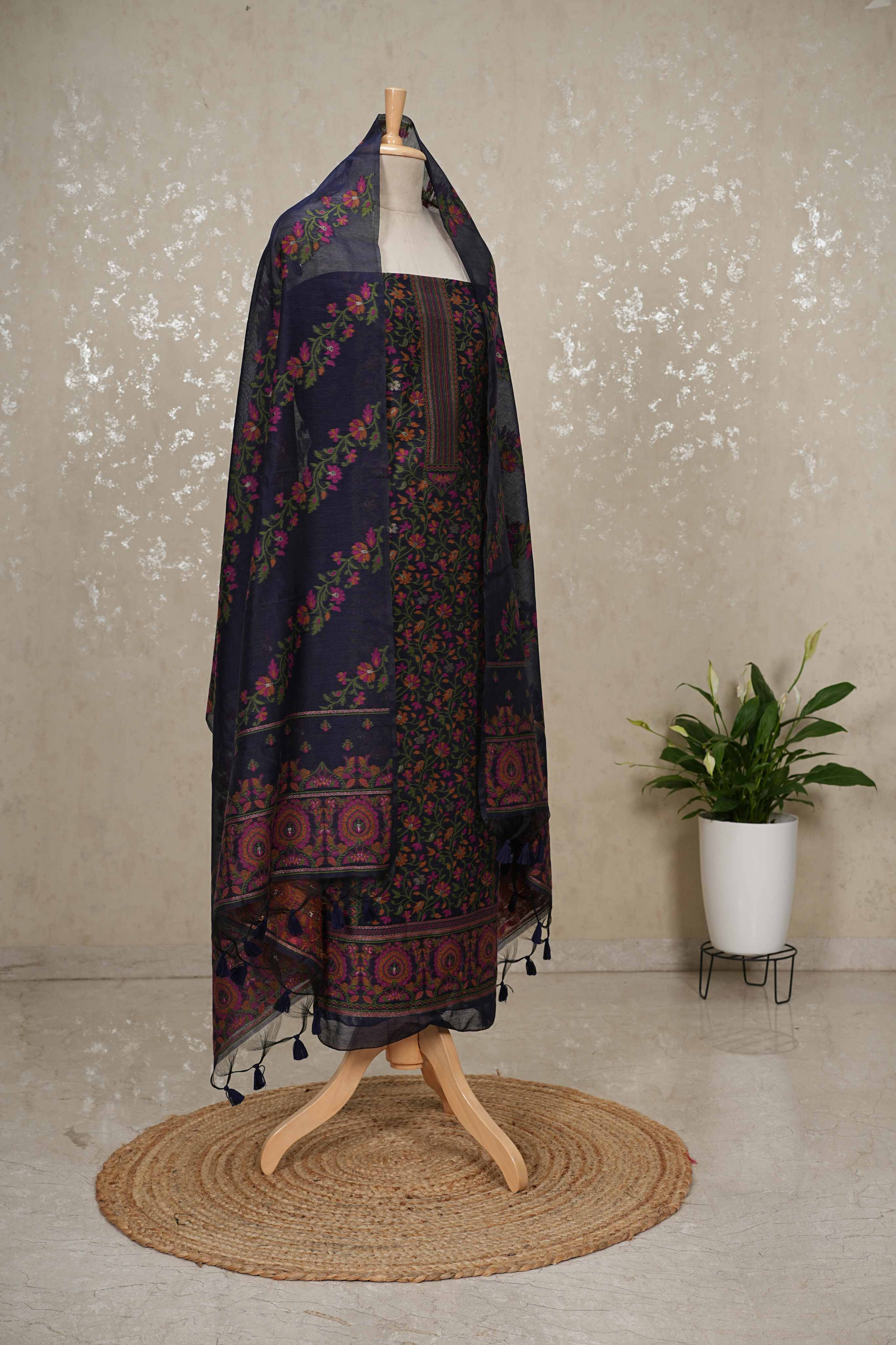 Jamdani Weaving Munga Cotton Fabric 3pc suit with back and sleeves fabric