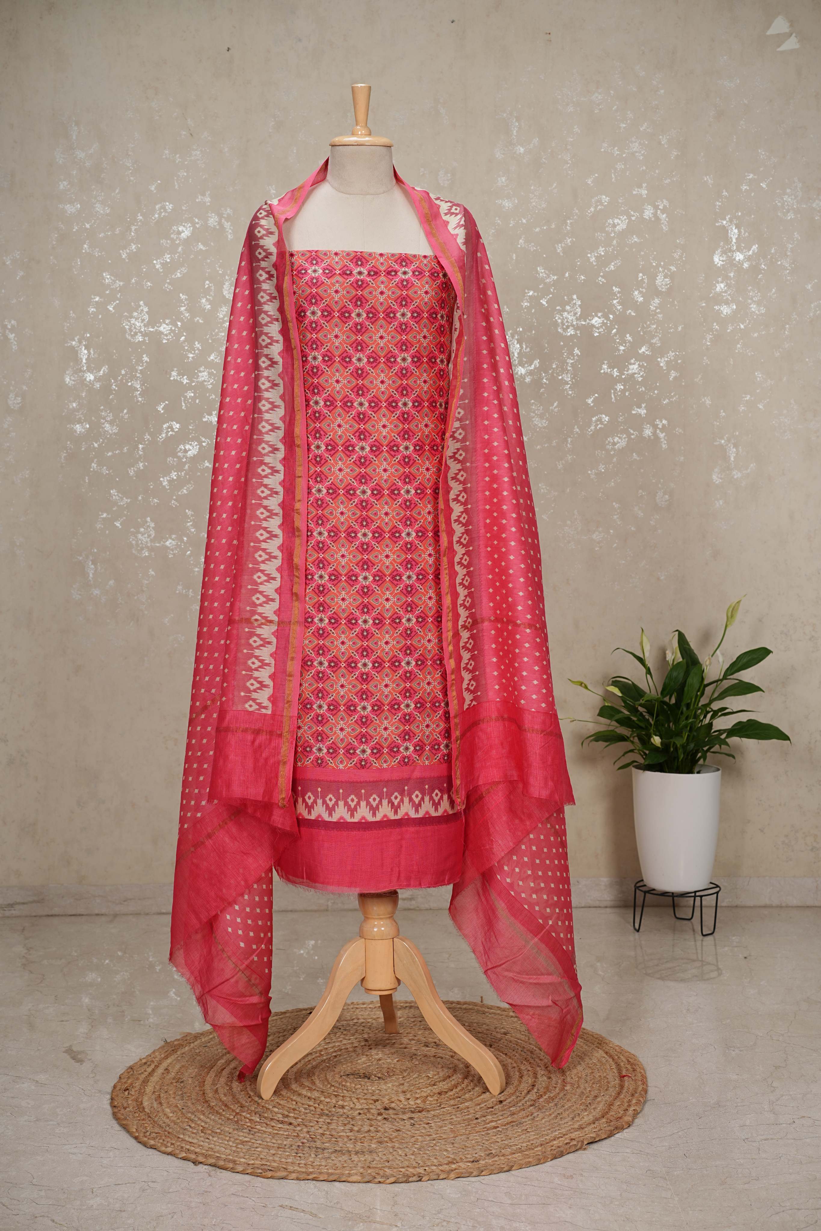 Maheshwari Silk Patola Printed 3-Piece Suit with Imported Bottom