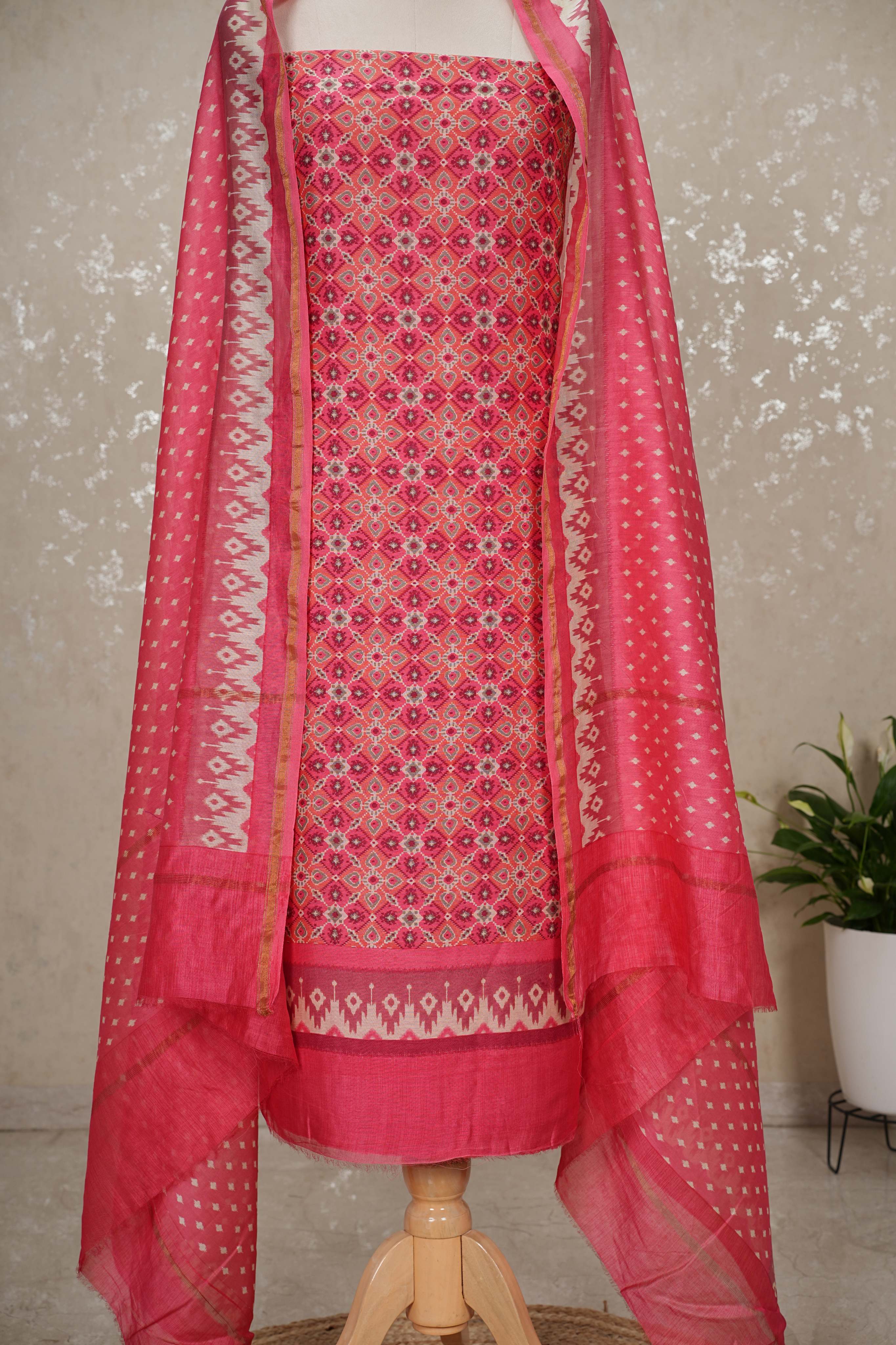 Maheshwari Silk Patola Printed 3-Piece Suit with Imported Bottom