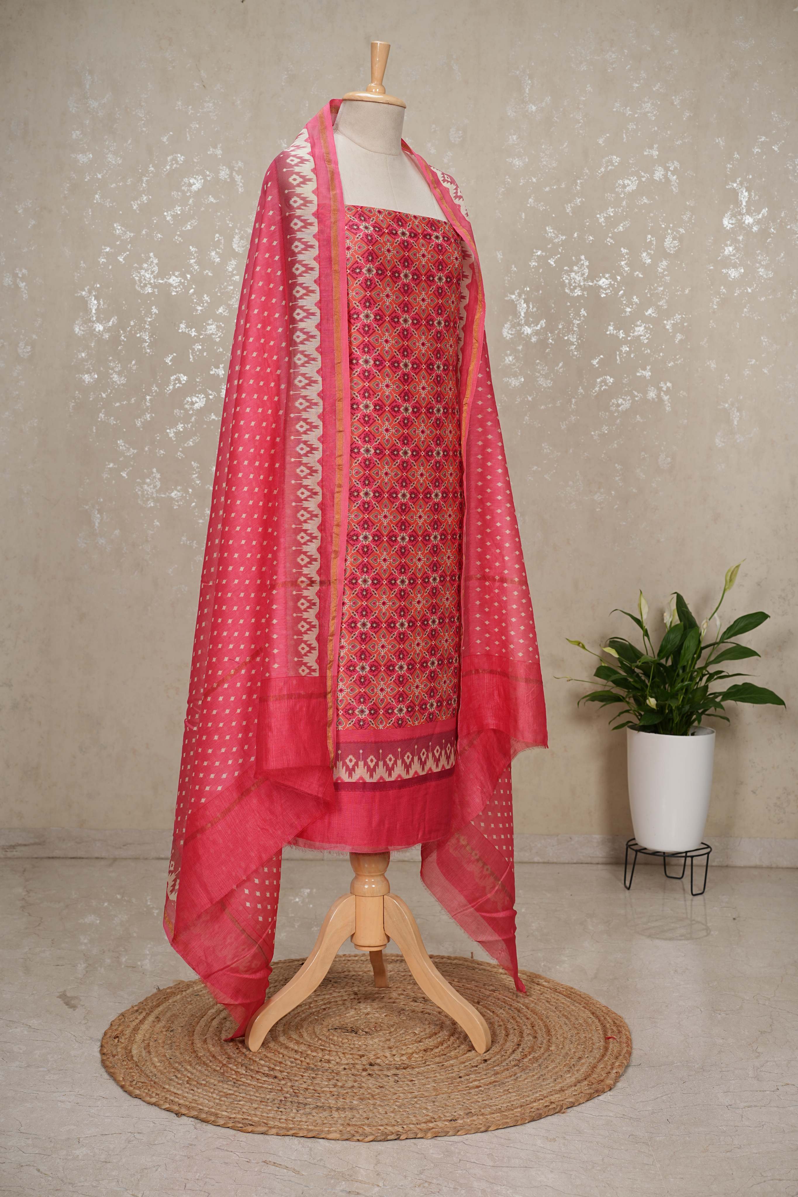 Maheshwari Silk Patola Printed 3-Piece Suit with Imported Bottom