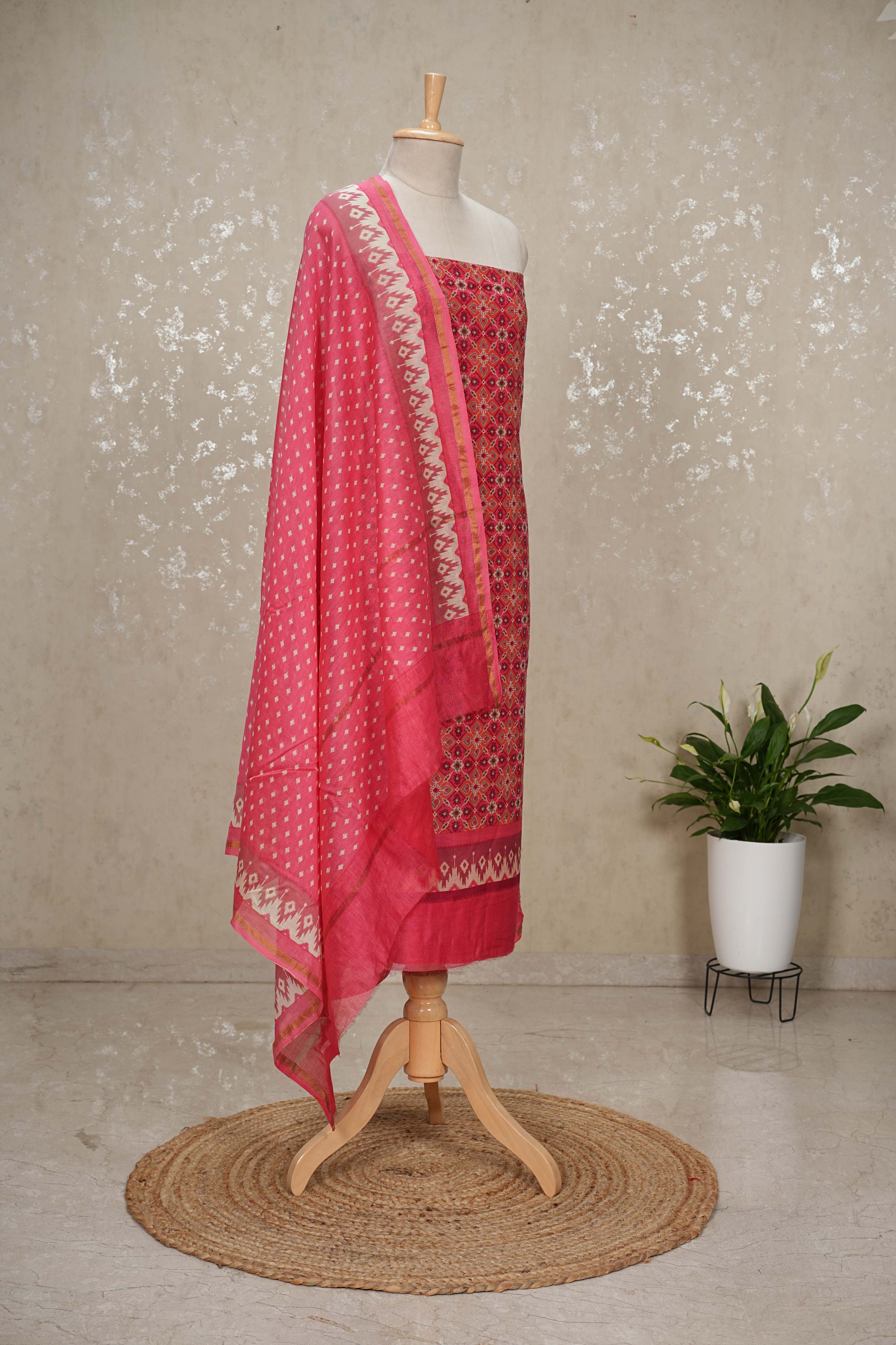 Maheshwari Silk Patola Printed 3-Piece Suit with Imported Bottom