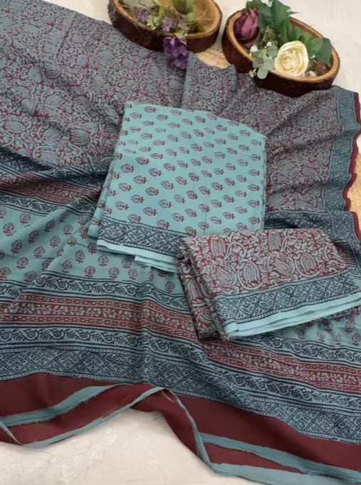🌿 Pure Cotton Bagh Print Suit Set – 3 Piece Handcrafted Elegance