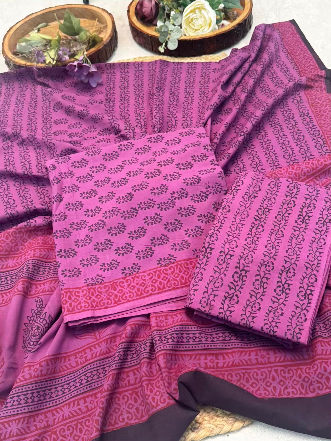 🌿 Pure Cotton Bagh Print Suit Set – 3 Piece Handcrafted Elegance
