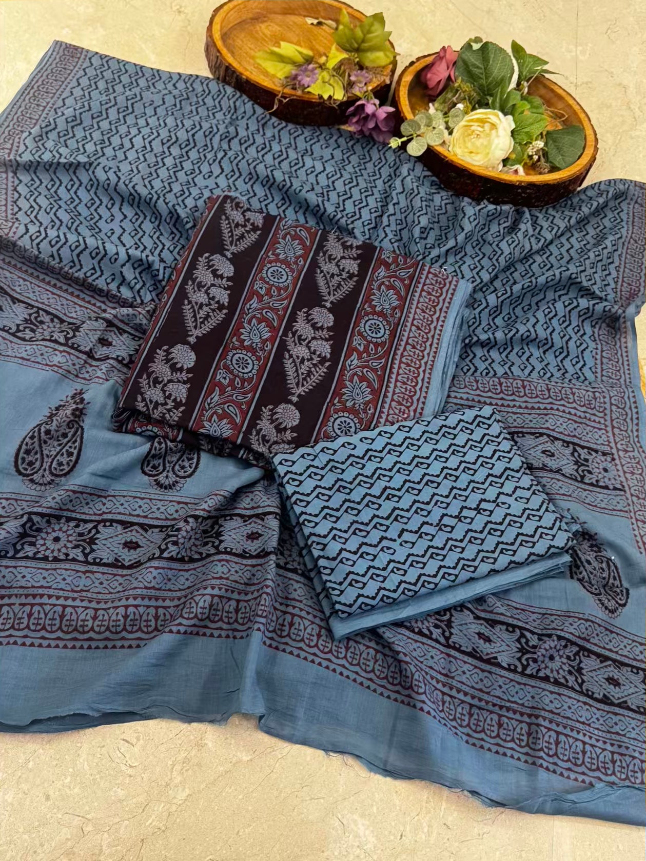 🌿 Pure Cotton Bagh Print Suit Set – 3 Piece Handcrafted Elegance