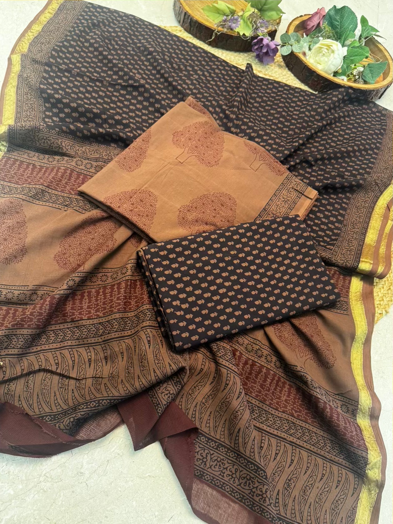 🌿 Pure Cotton Bagh Print Suit Set – 3 Piece Handcrafted Elegance