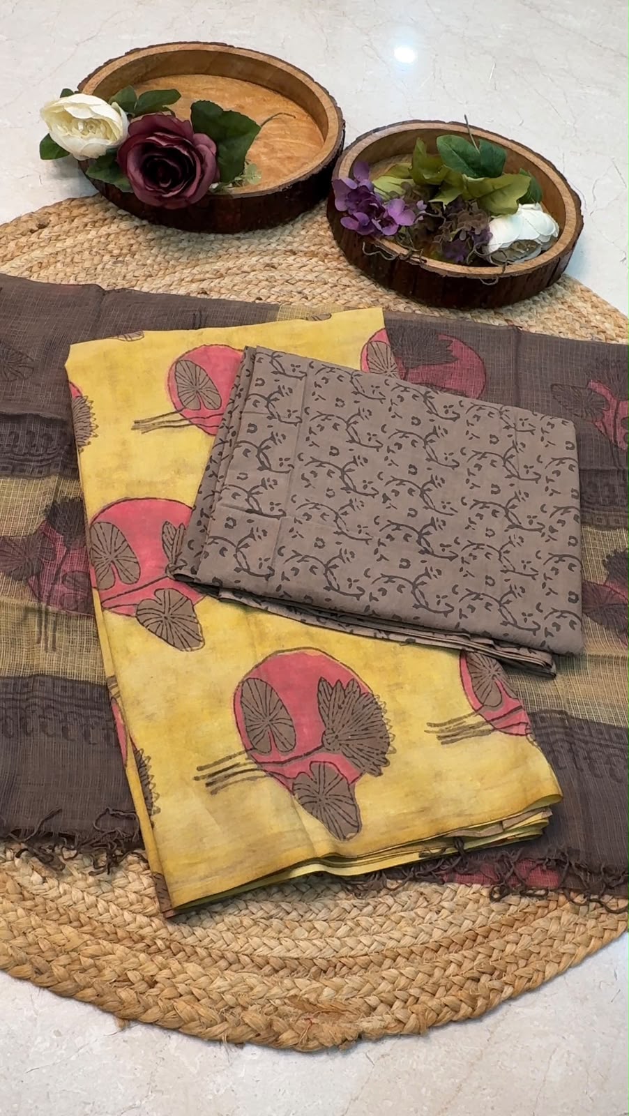 Natural Pomegranate & Vegetable Dyed, Pure Cotton Hand Block Print Suit Set with Kota Doria Dupatta |