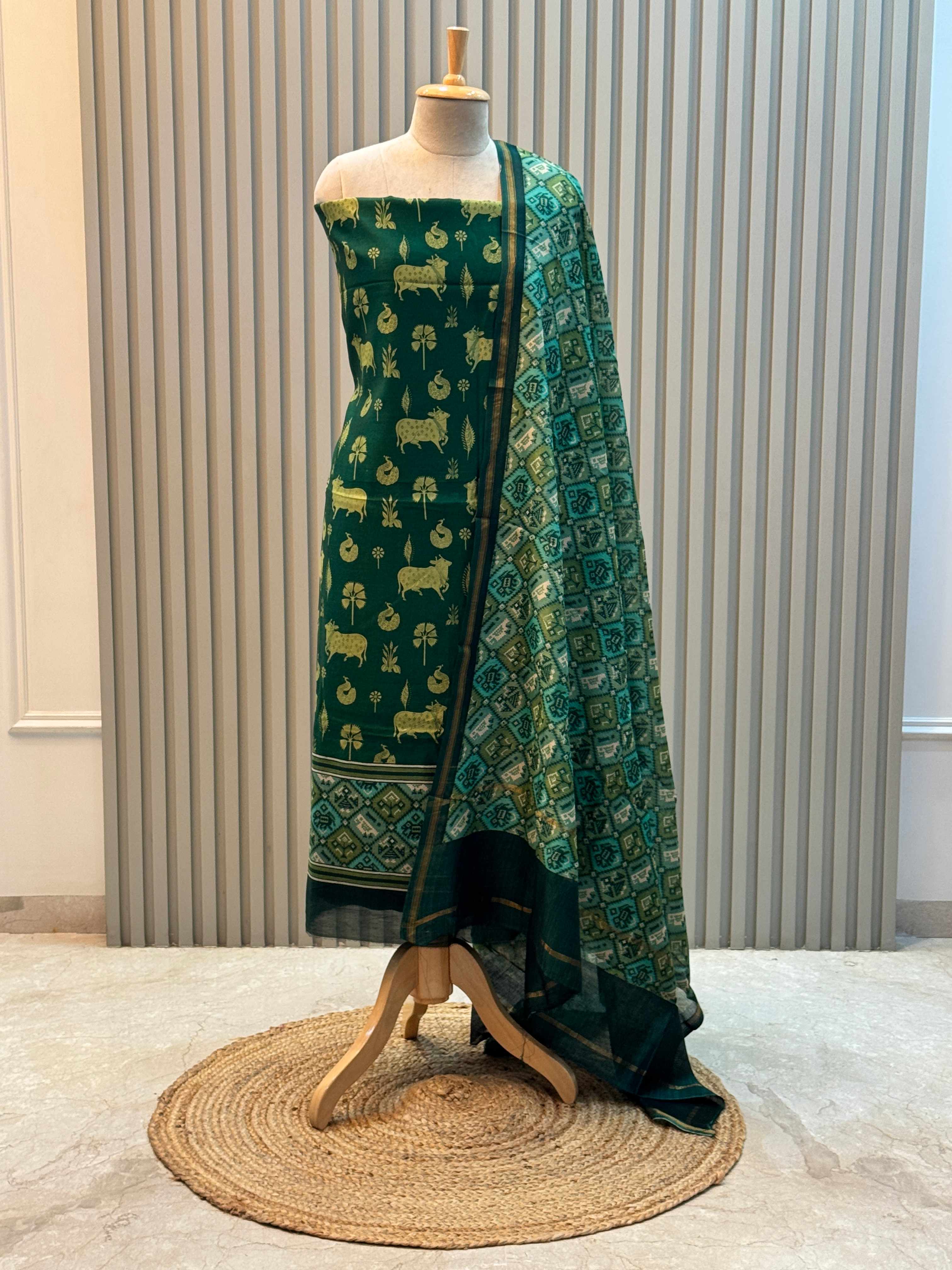 Silk Maheshwari Pure Suit with Pichwai Art Print & Patola Dupatta