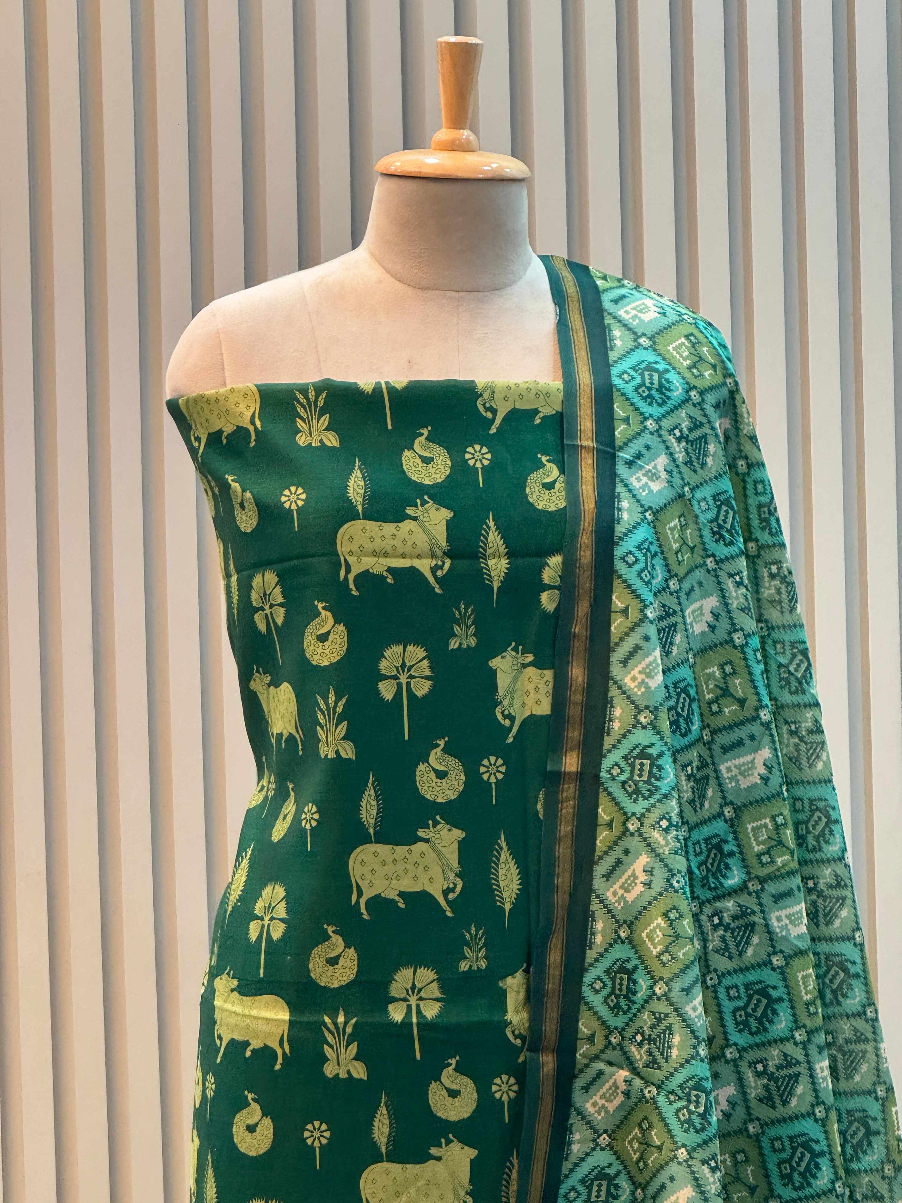 Silk Maheshwari Pure Suit with Pichwai Art Print & Patola Dupatta