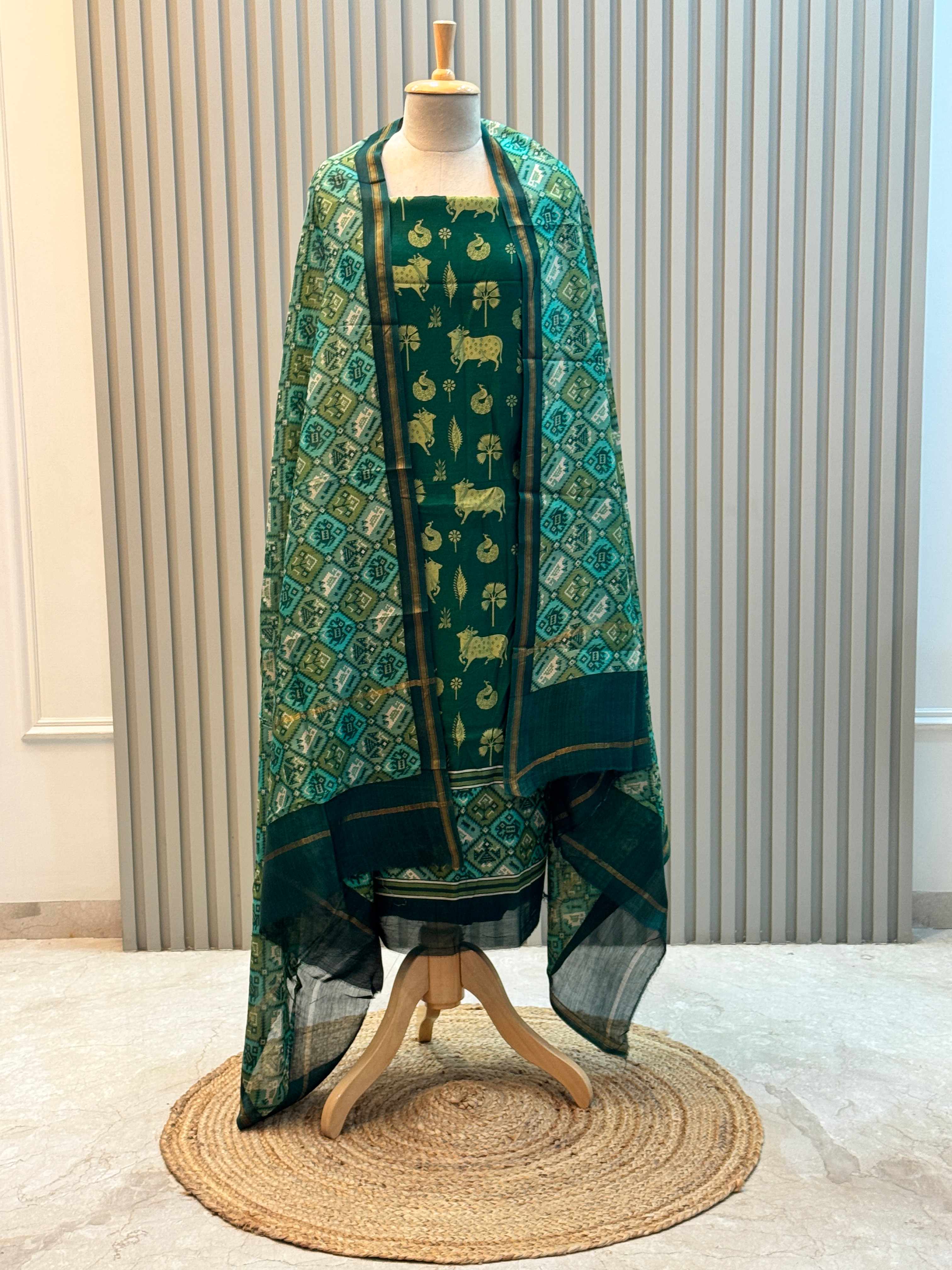 Silk Maheshwari Pure Suit with Pichwai Art Print & Patola Dupatta