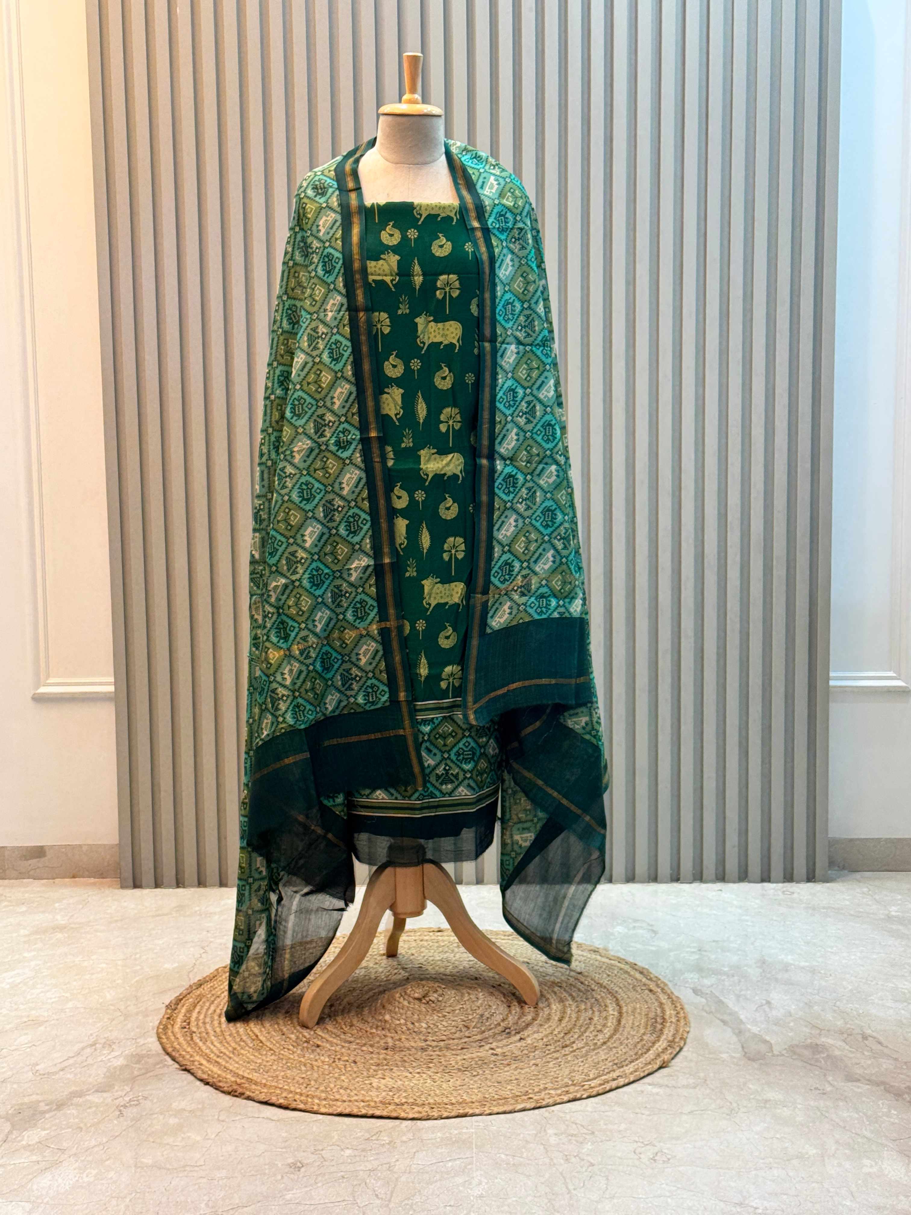 Silk Maheshwari Pure Suit with Pichwai Art Print & Patola Dupatta