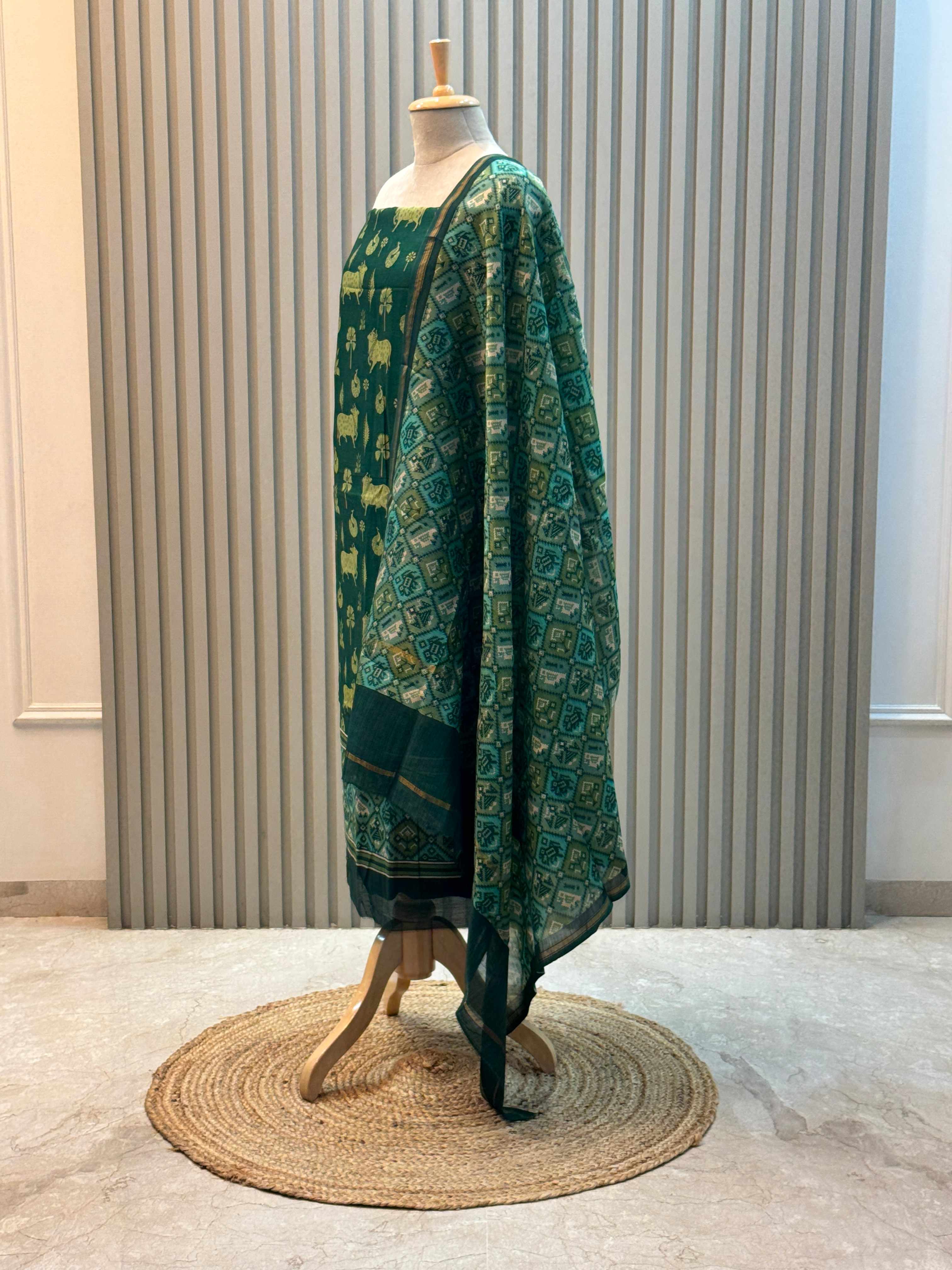 Silk Maheshwari Pure Suit with Pichwai Art Print & Patola Dupatta