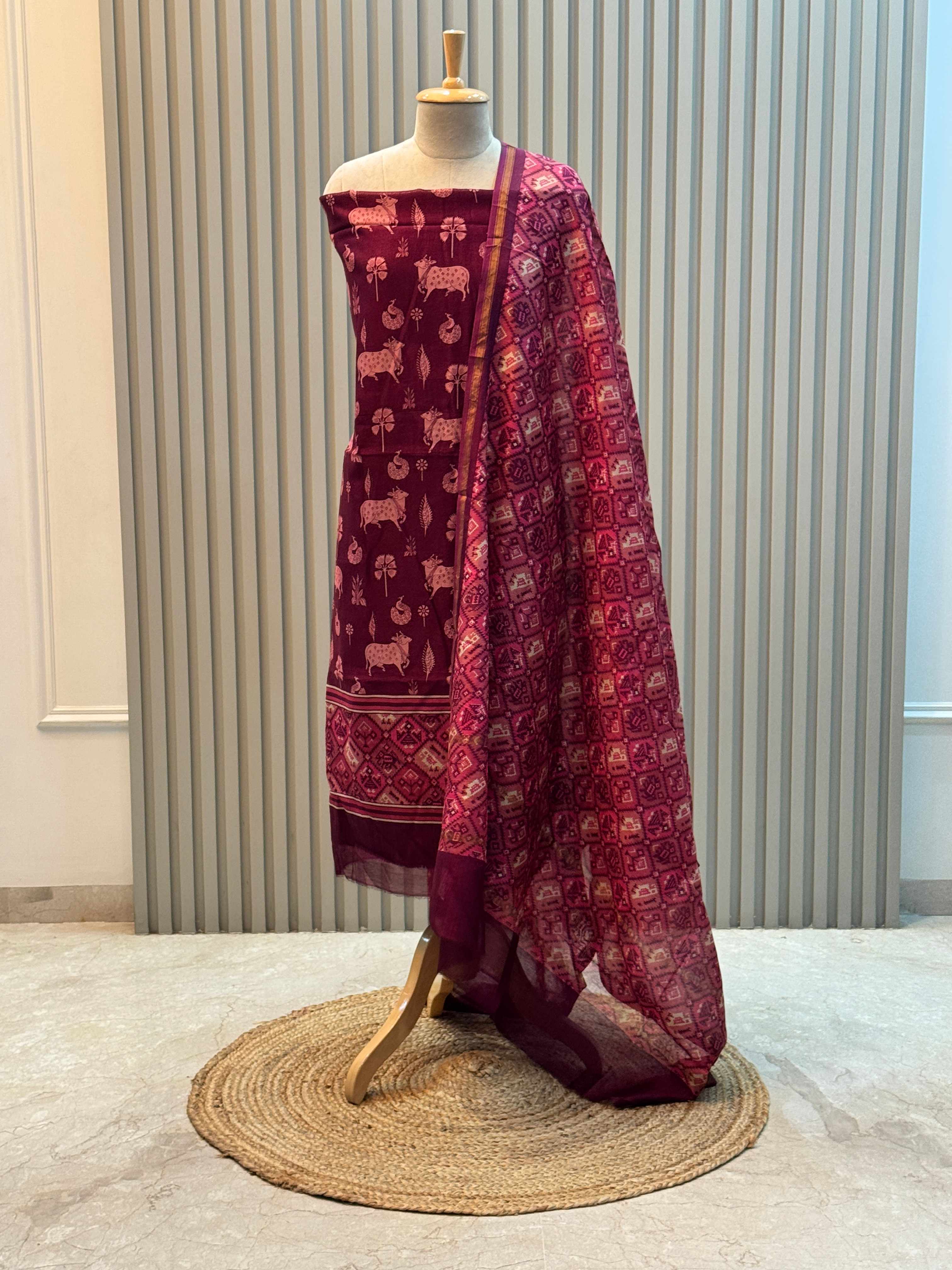 Silk Maheshwari Pure Suit with Pichwai Art Print & Patola Dupatta