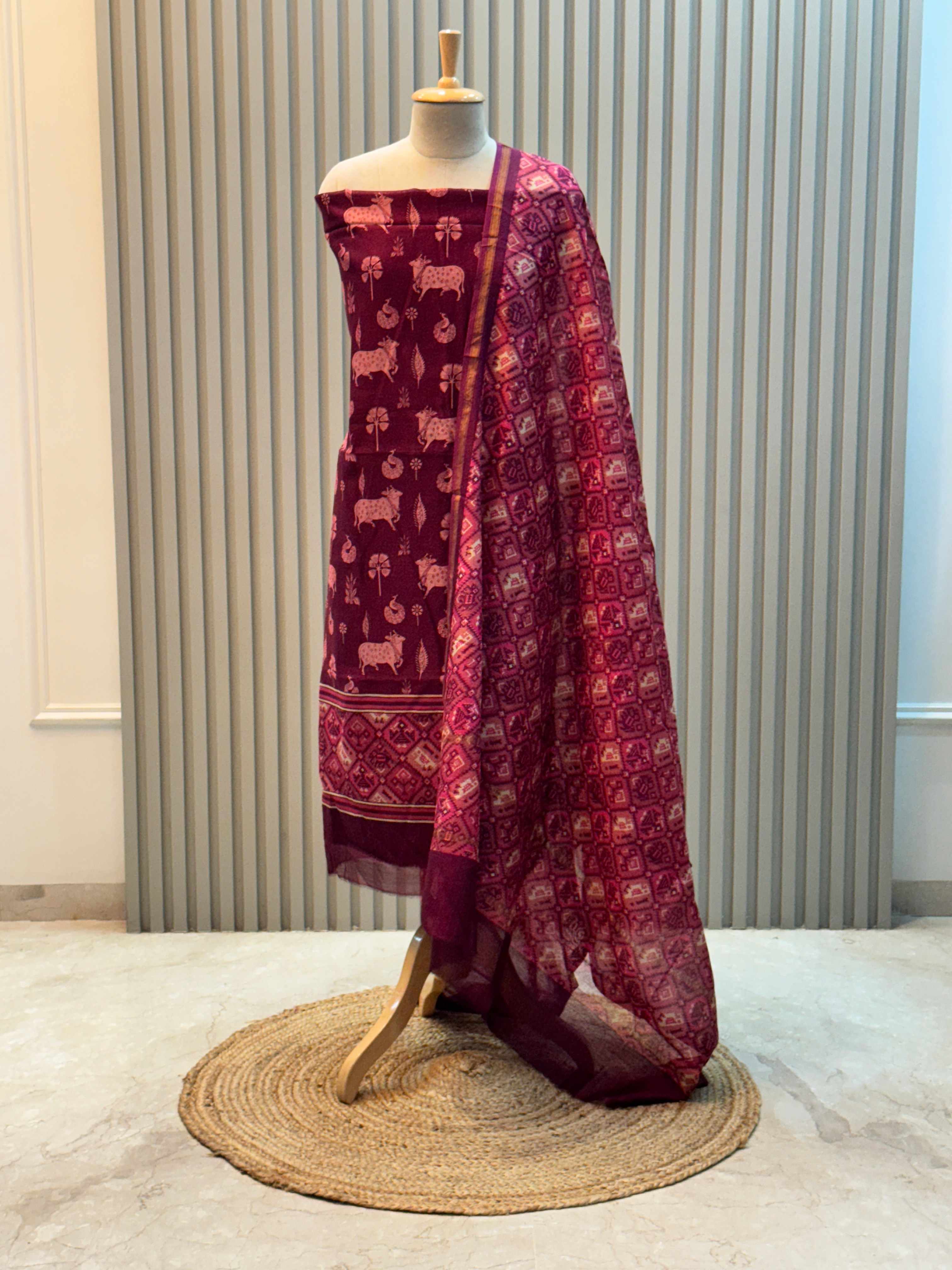 Silk Maheshwari Pure Suit with Pichwai Art Print & Patola Dupatta