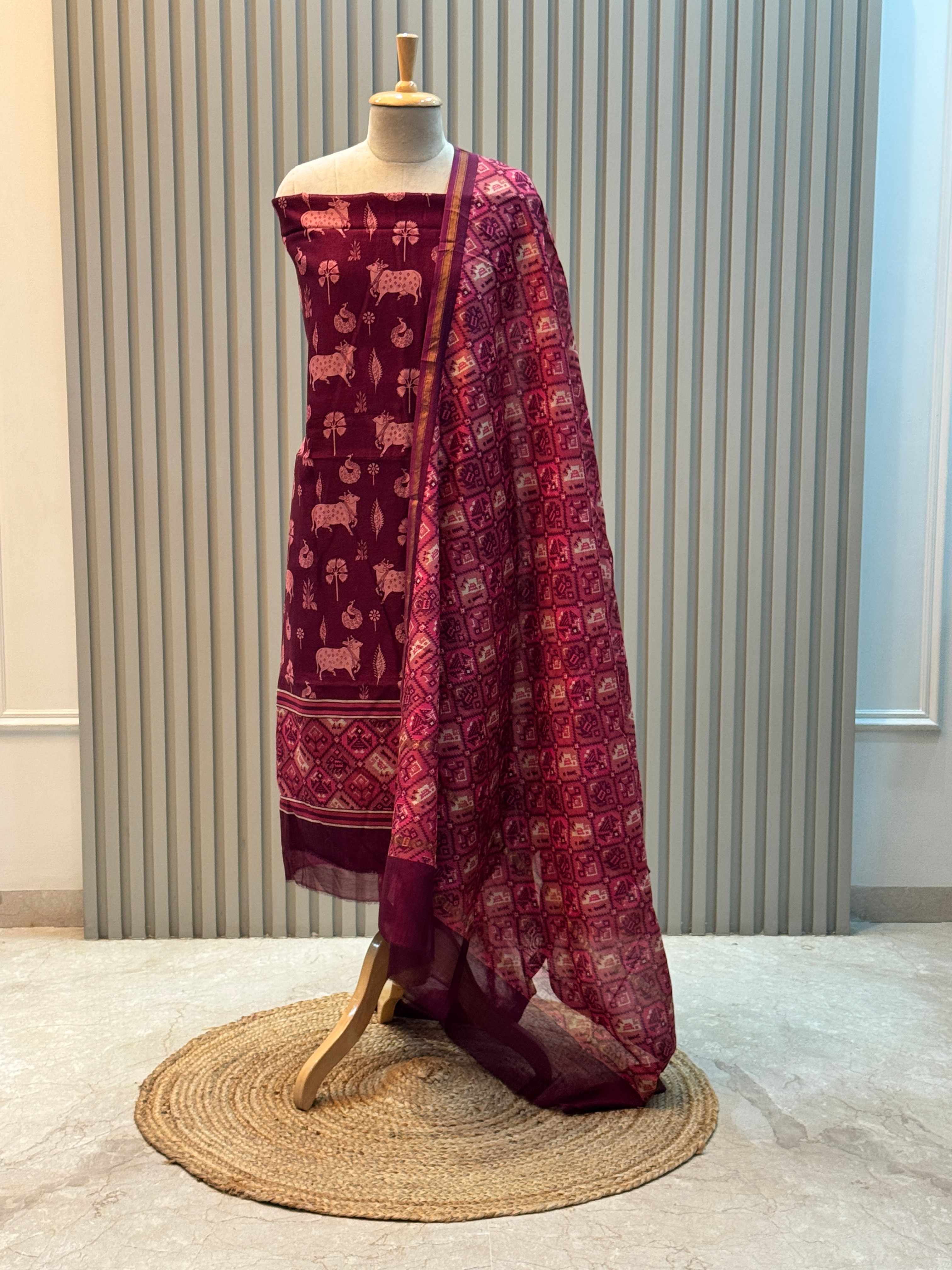 Silk Maheshwari Pure Suit with Pichwai Art Print & Patola Dupatta