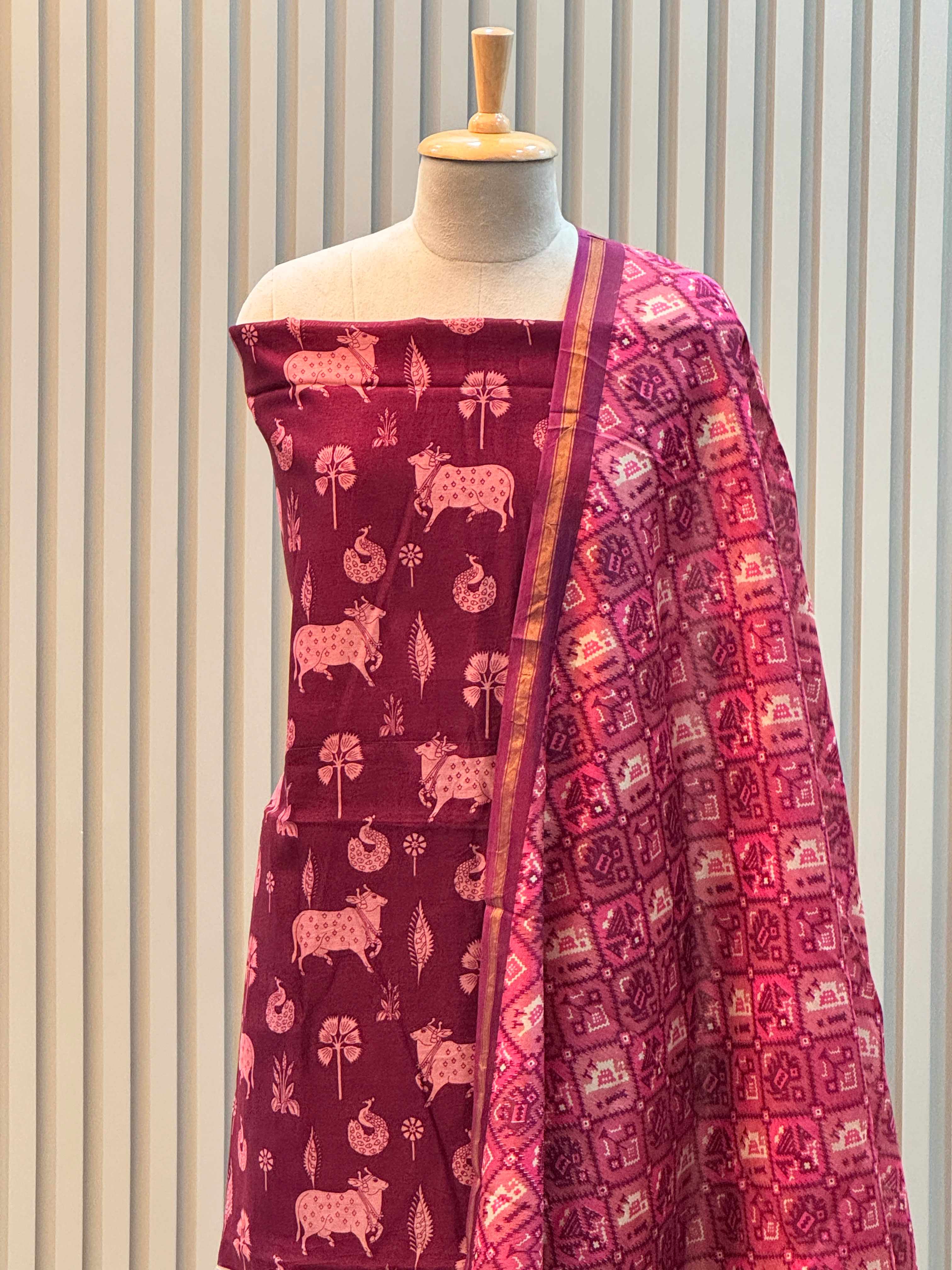 Silk Maheshwari Pure Suit with Pichwai Art Print & Patola Dupatta