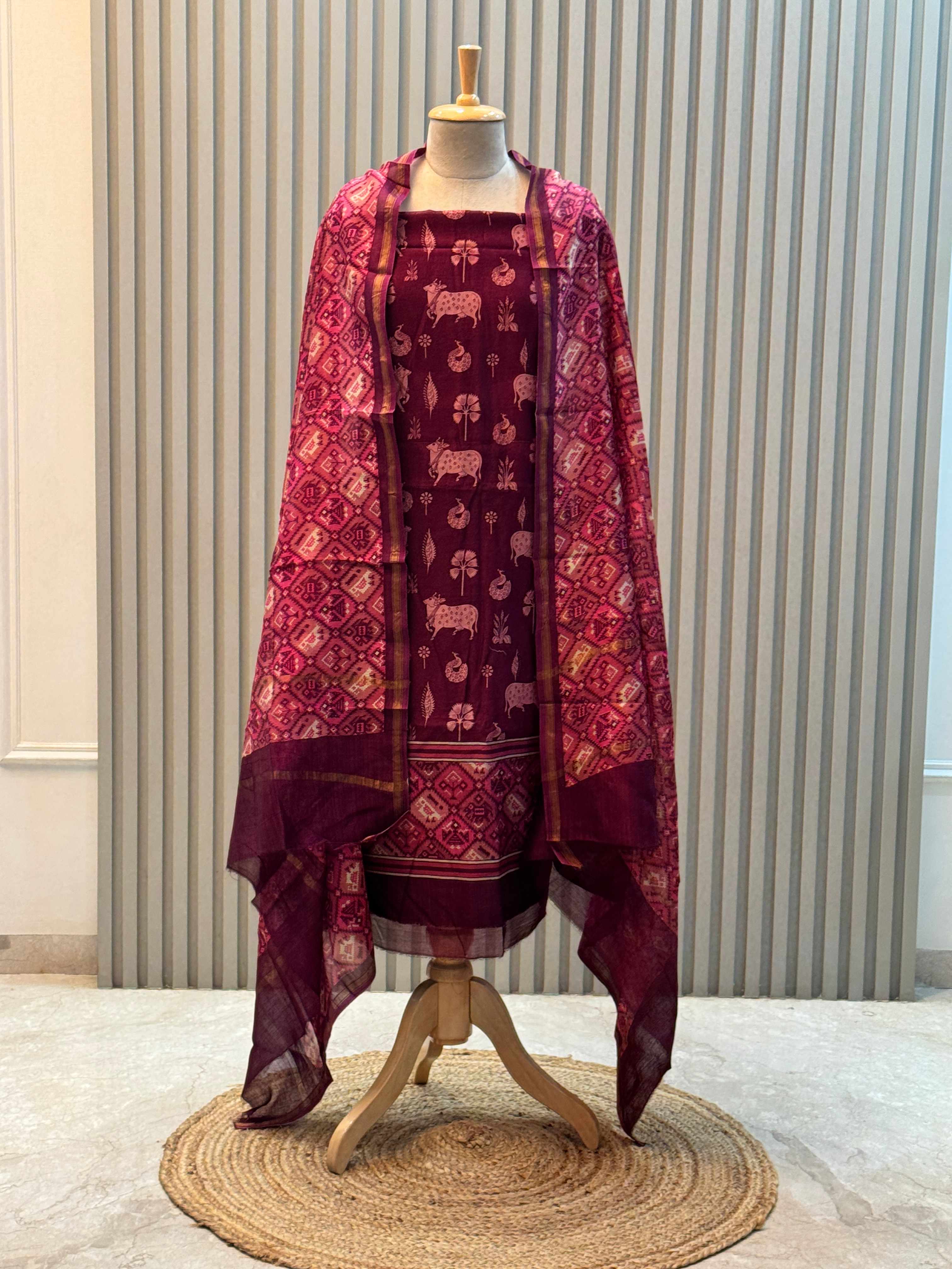 Silk Maheshwari Pure Suit with Pichwai Art Print & Patola Dupatta