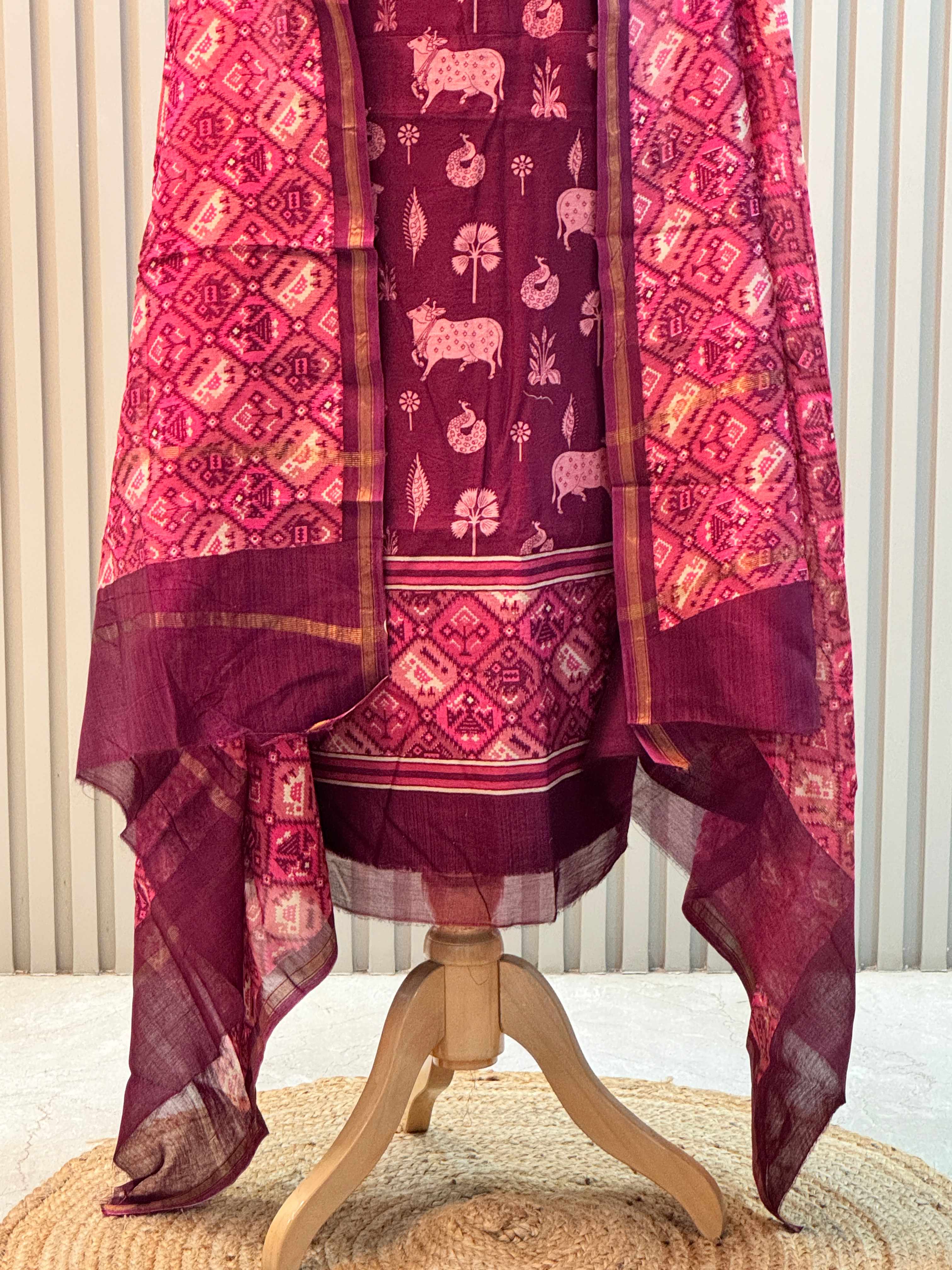 Silk Maheshwari Pure Suit with Pichwai Art Print & Patola Dupatta