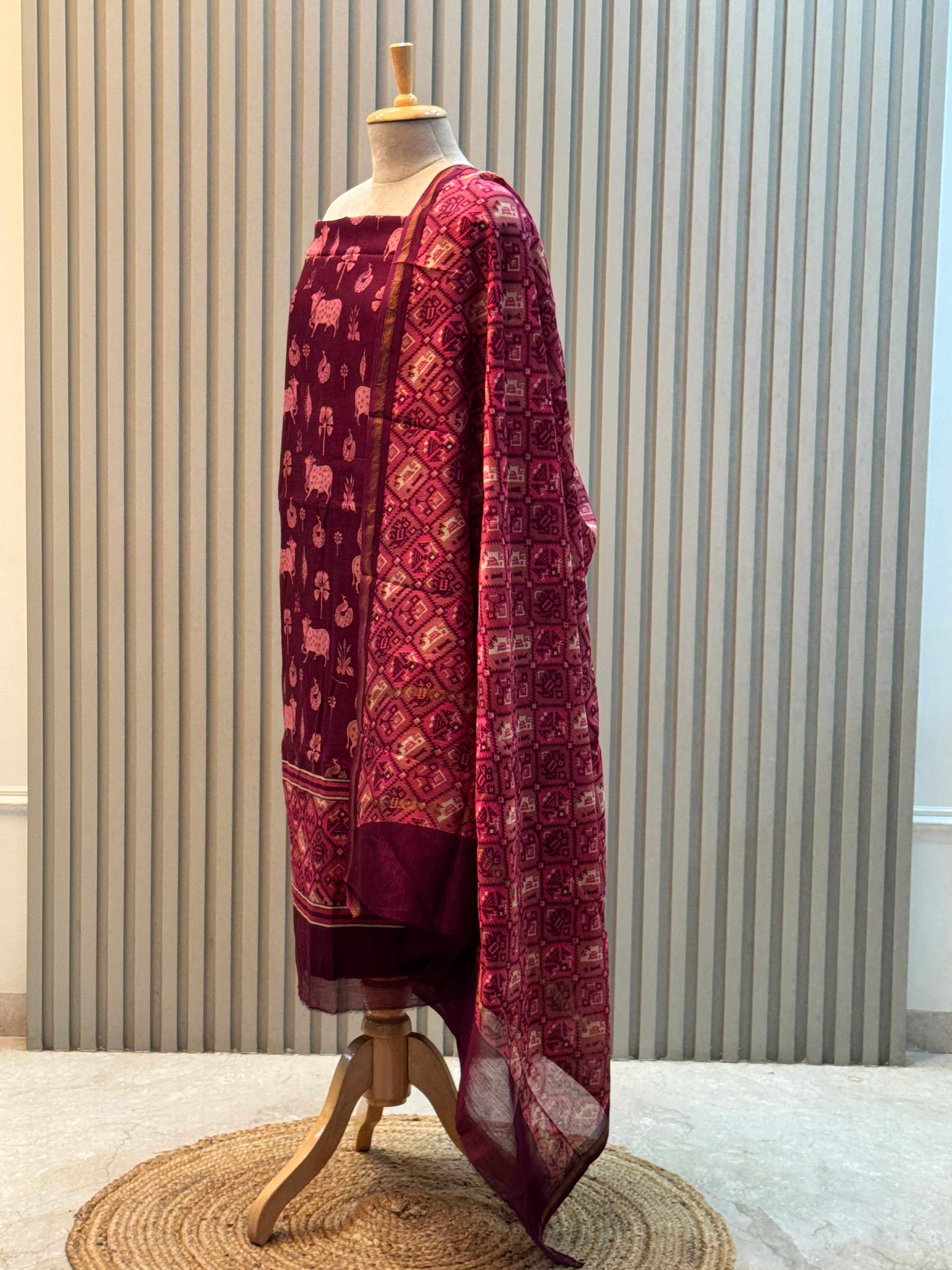 Silk Maheshwari Pure Suit with Pichwai Art Print & Patola Dupatta