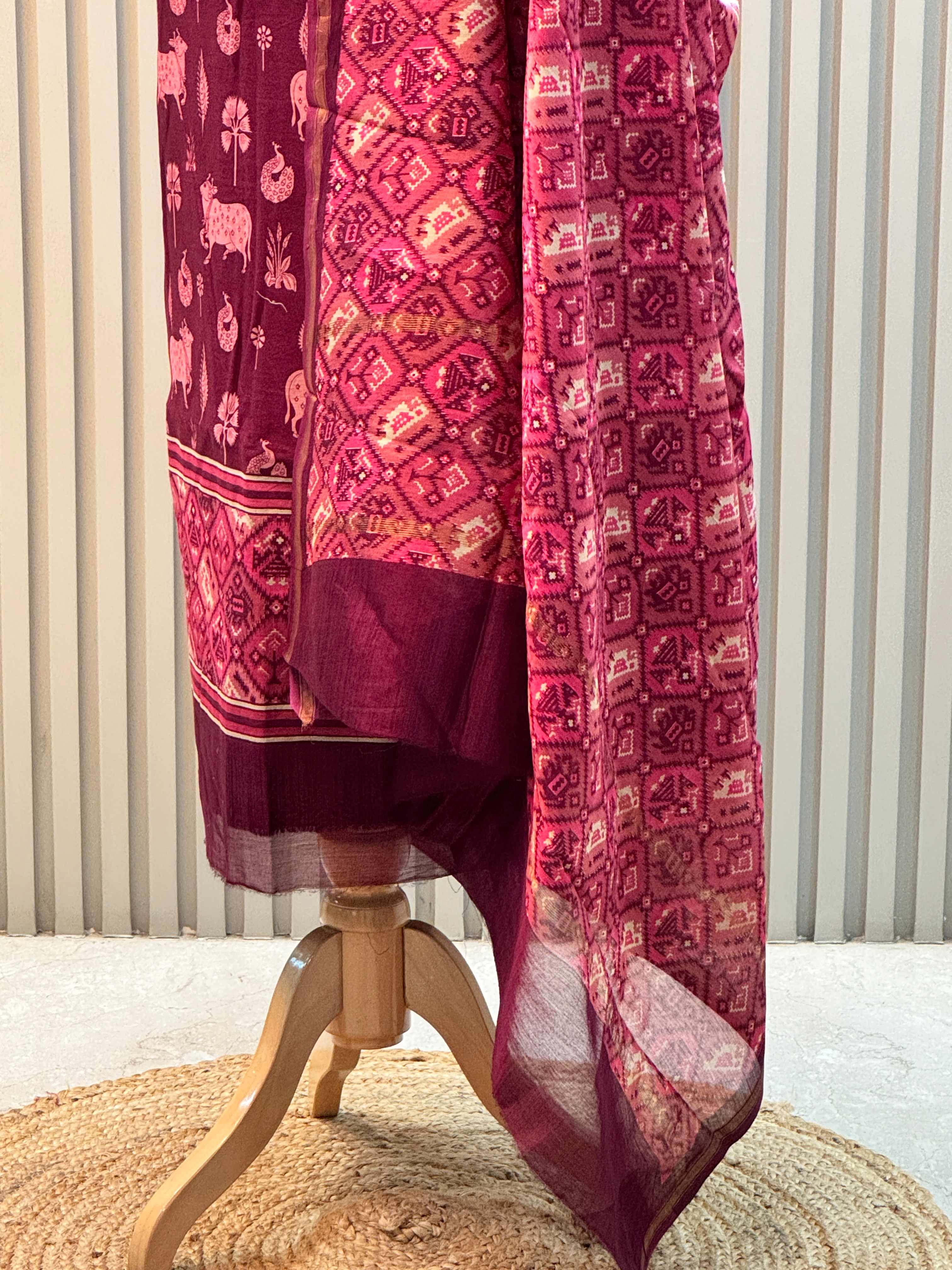 Silk Maheshwari Pure Suit with Pichwai Art Print & Patola Dupatta