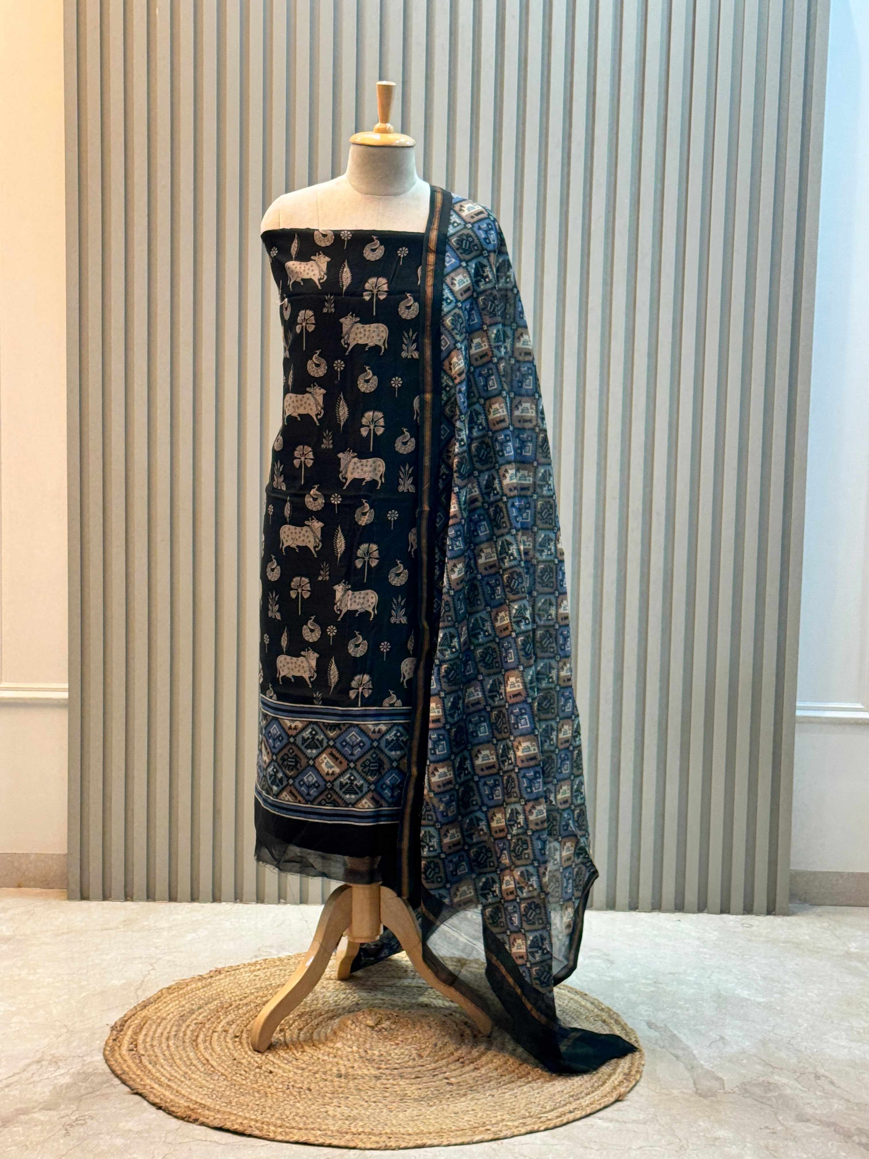 Silk Maheshwari Pure Suit with Pichwai Art Print & Patola Dupatta