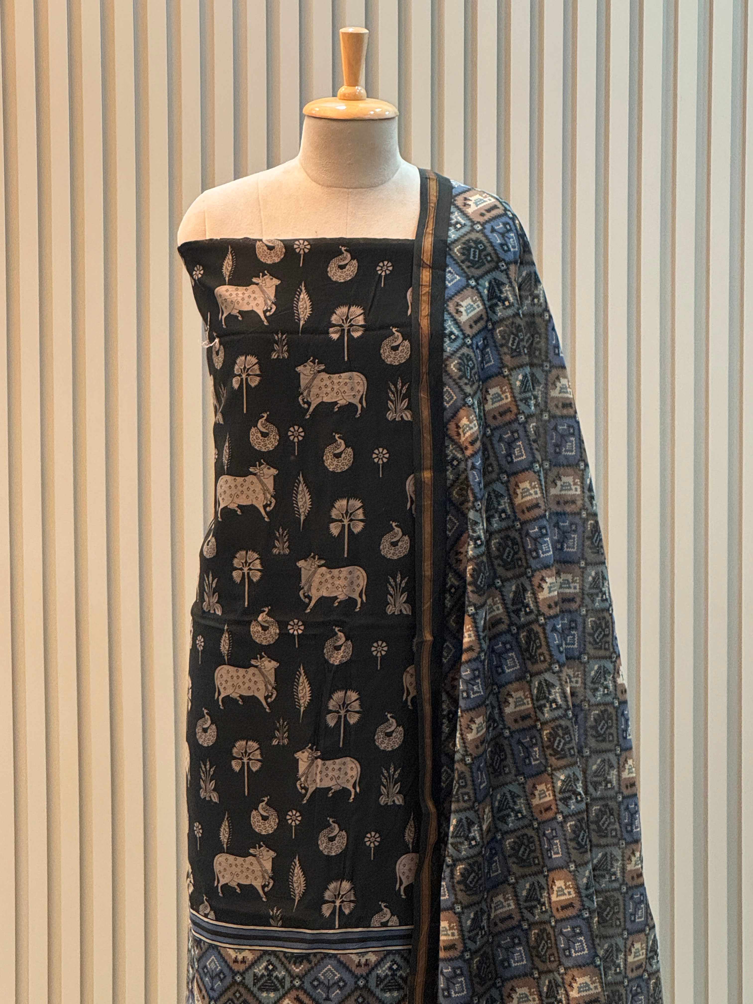 Silk Maheshwari Pure Suit with Pichwai Art Print & Patola Dupatta