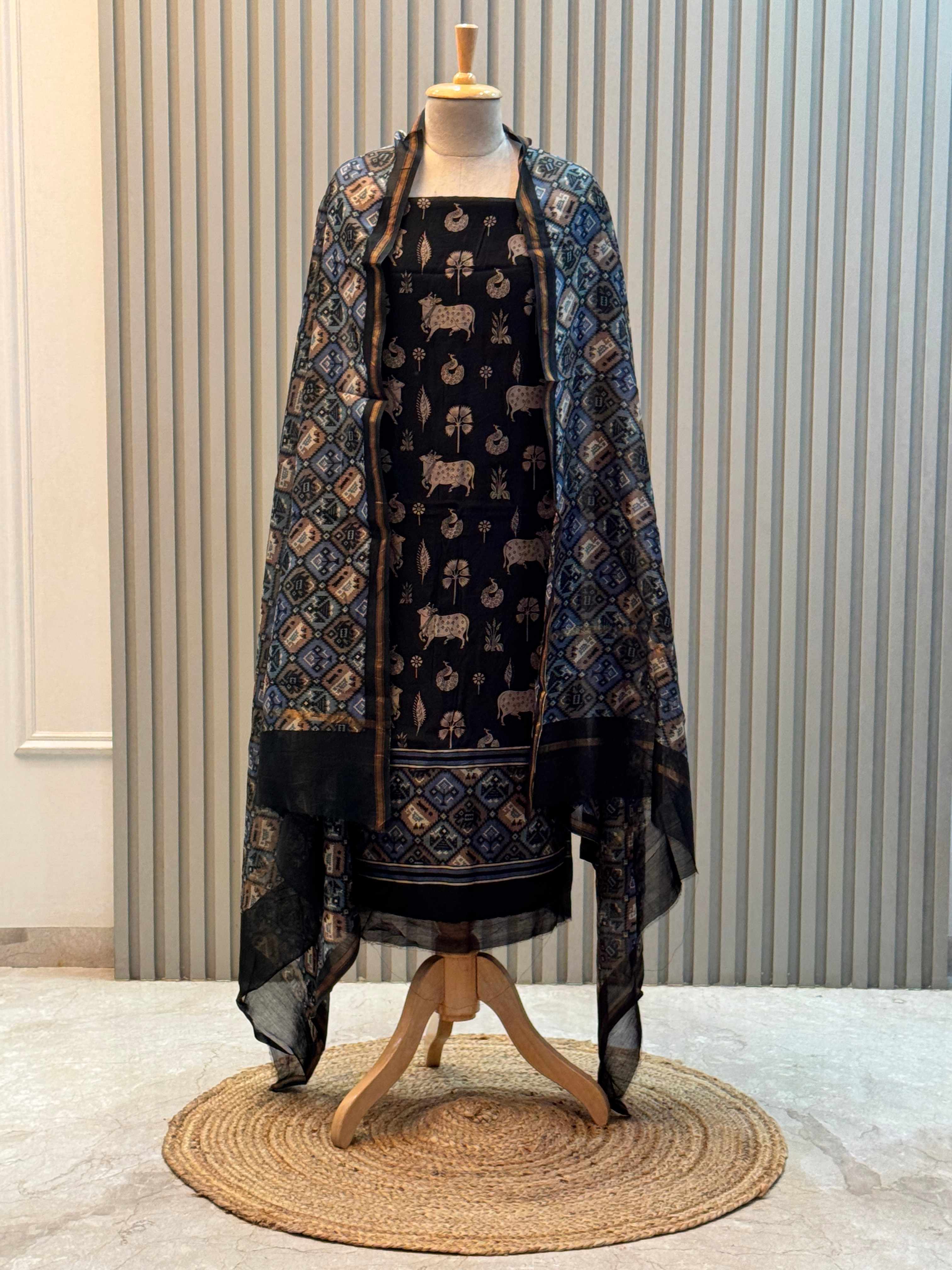 Silk Maheshwari Pure Suit with Pichwai Art Print & Patola Dupatta