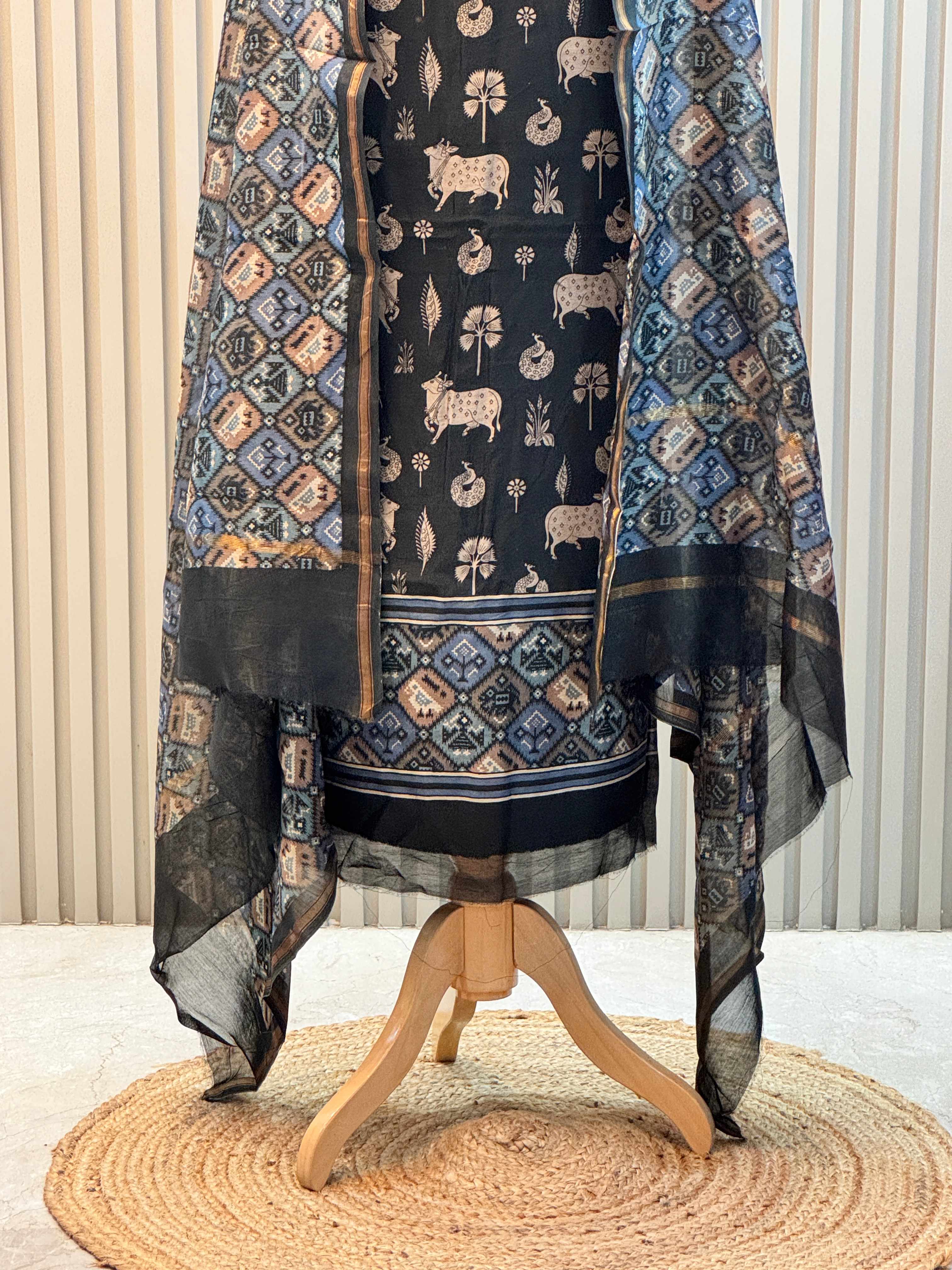 Silk Maheshwari Pure Suit with Pichwai Art Print & Patola Dupatta