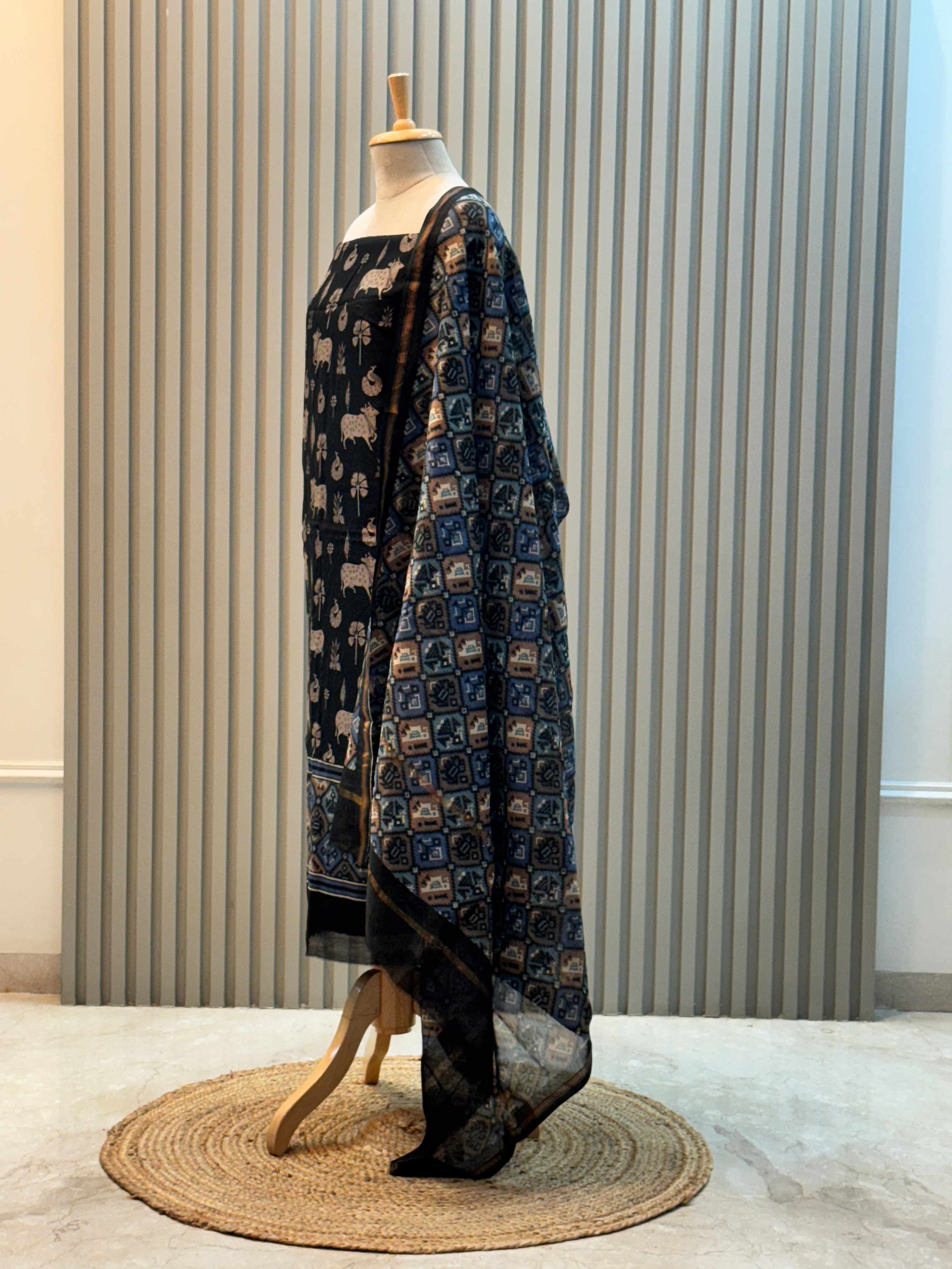 Silk Maheshwari Pure Suit with Pichwai Art Print & Patola Dupatta