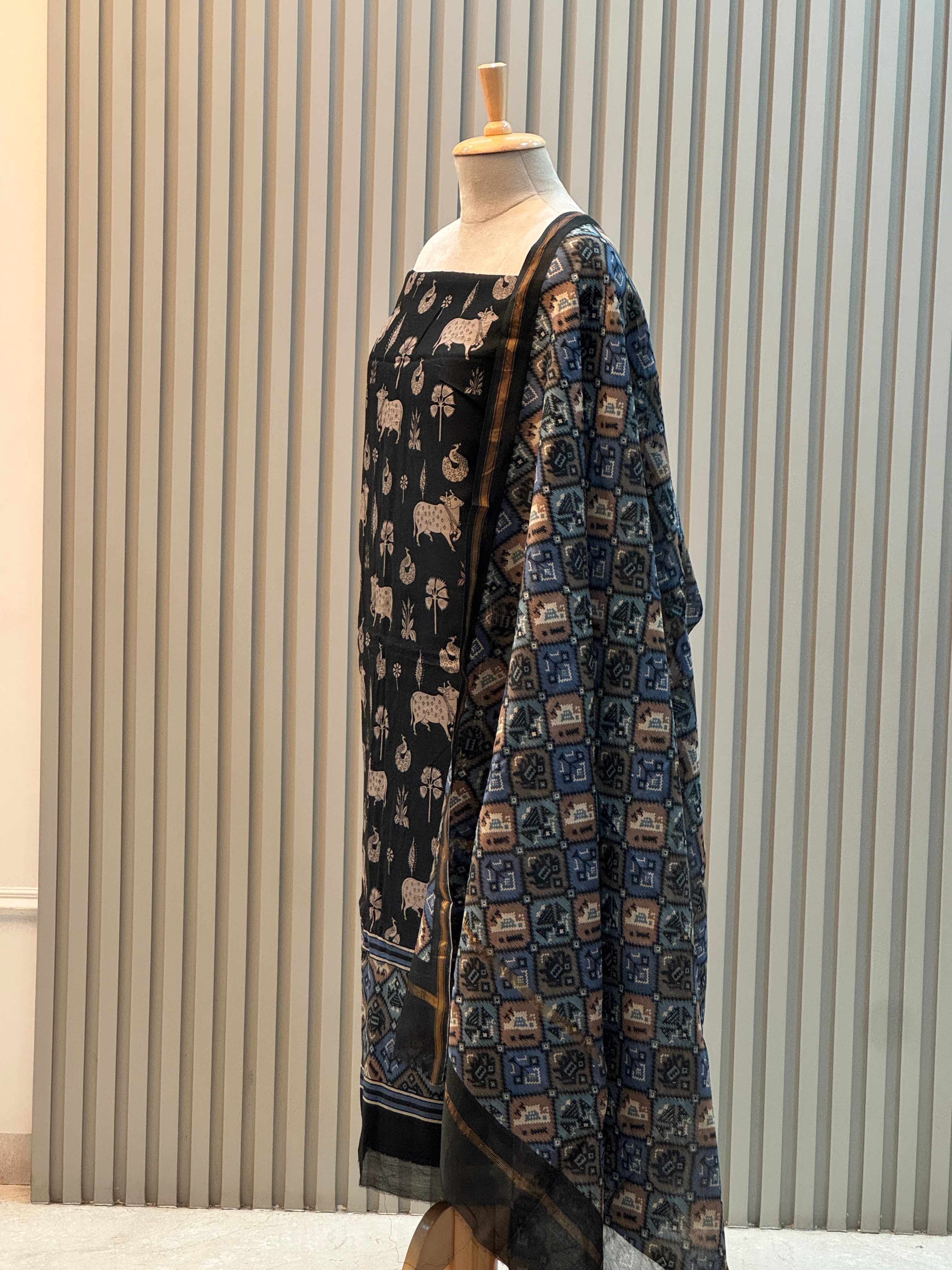 Silk Maheshwari Pure Suit with Pichwai Art Print & Patola Dupatta