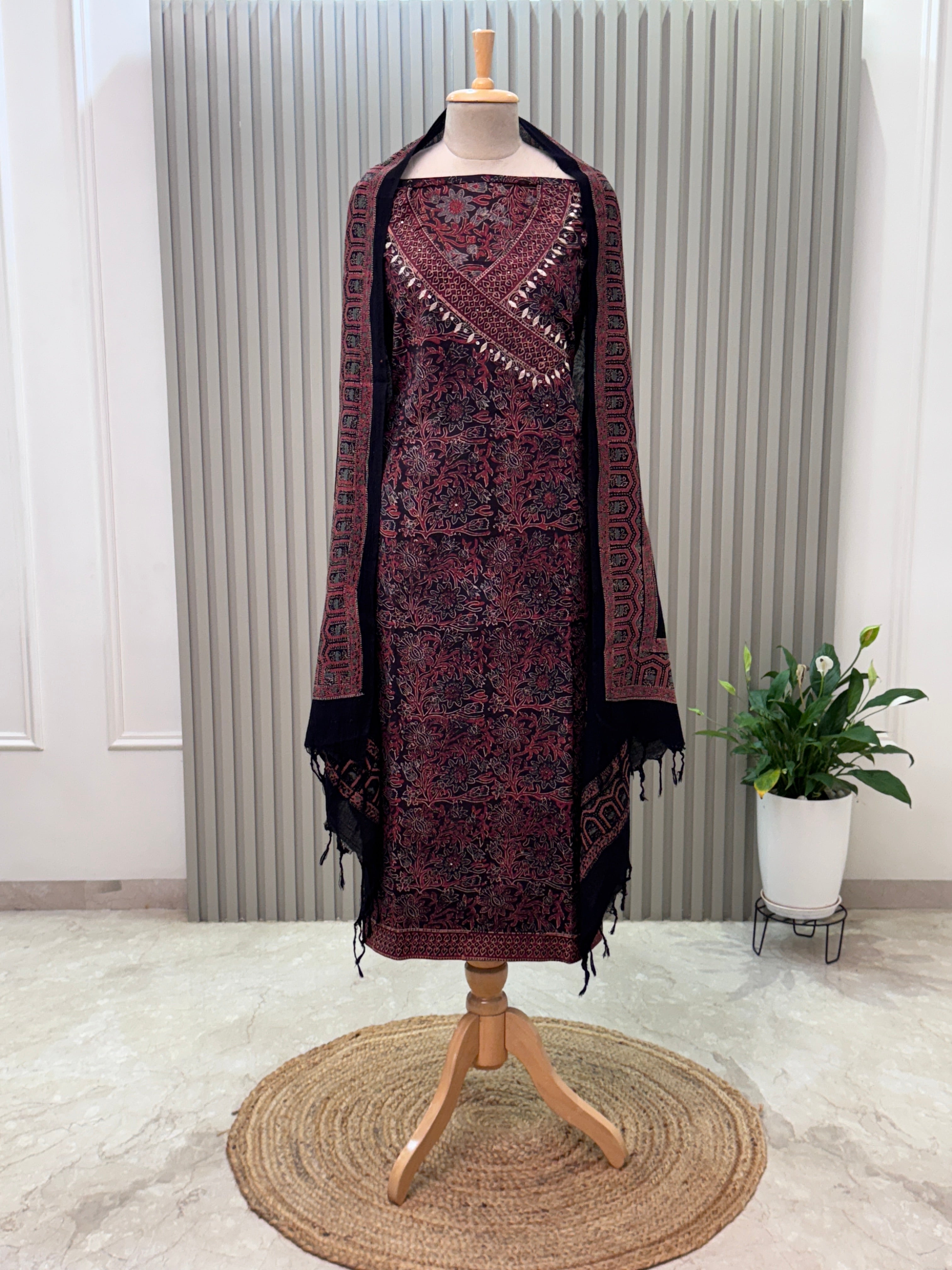 Cotton 3pc Angrakha Suit with Gota Patti & Ajrakh Design
