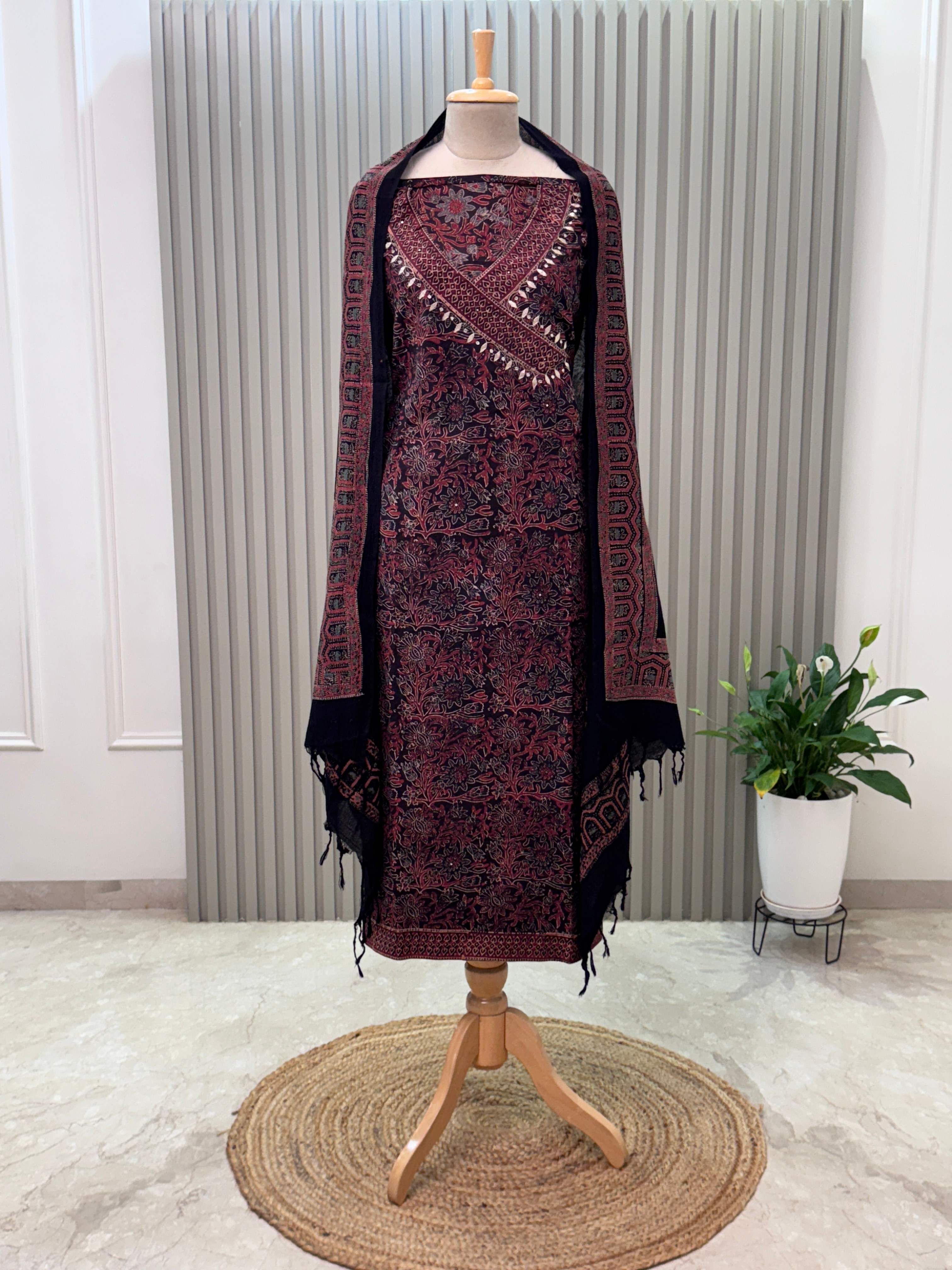Cotton 3pc Angrakha Suit with Gota Patti & Ajrakh Design