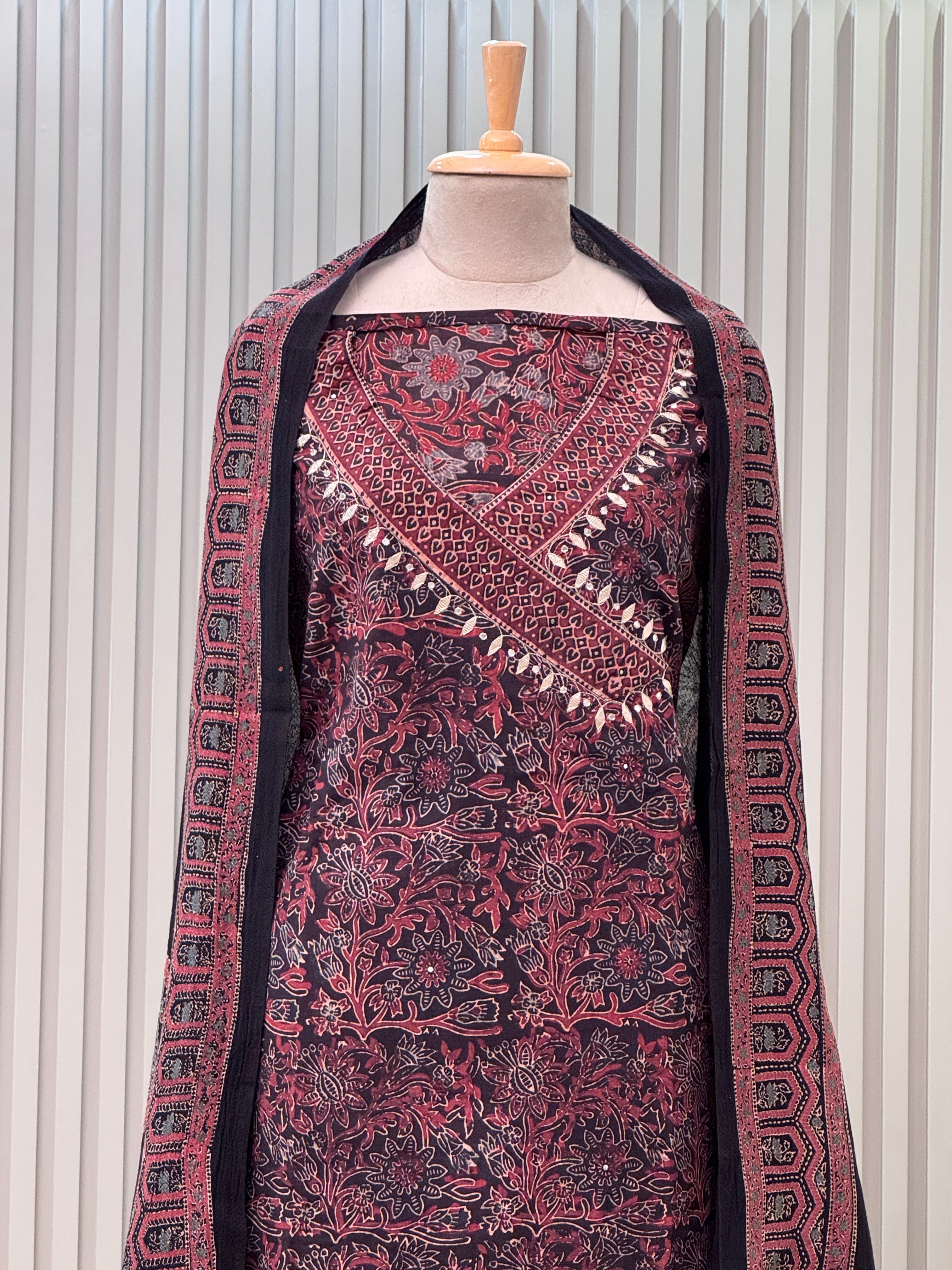 Cotton 3pc Angrakha Suit with Gota Patti & Ajrakh Design