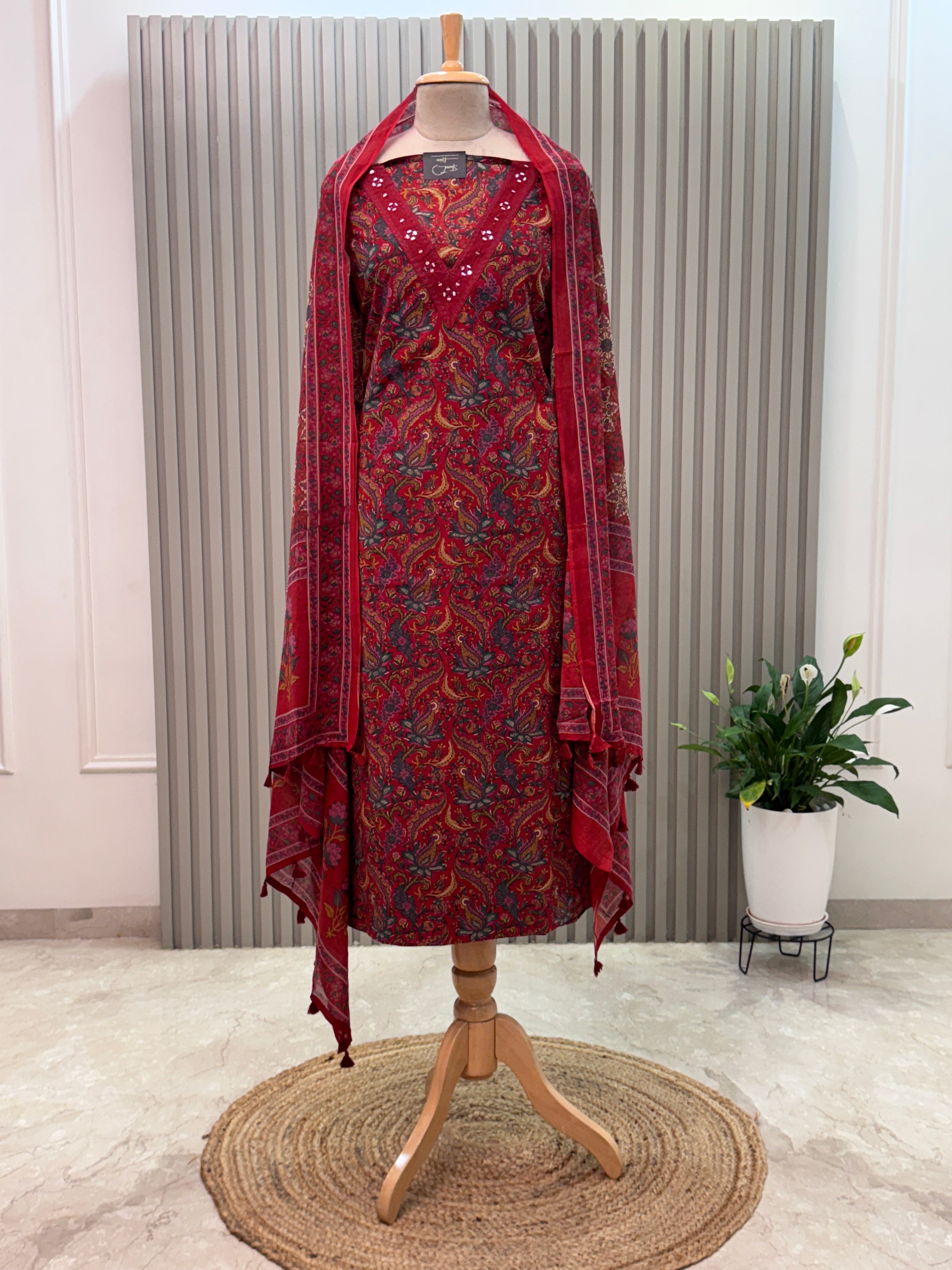 Cotton Suit V-Neck Mirror Work 3pc set