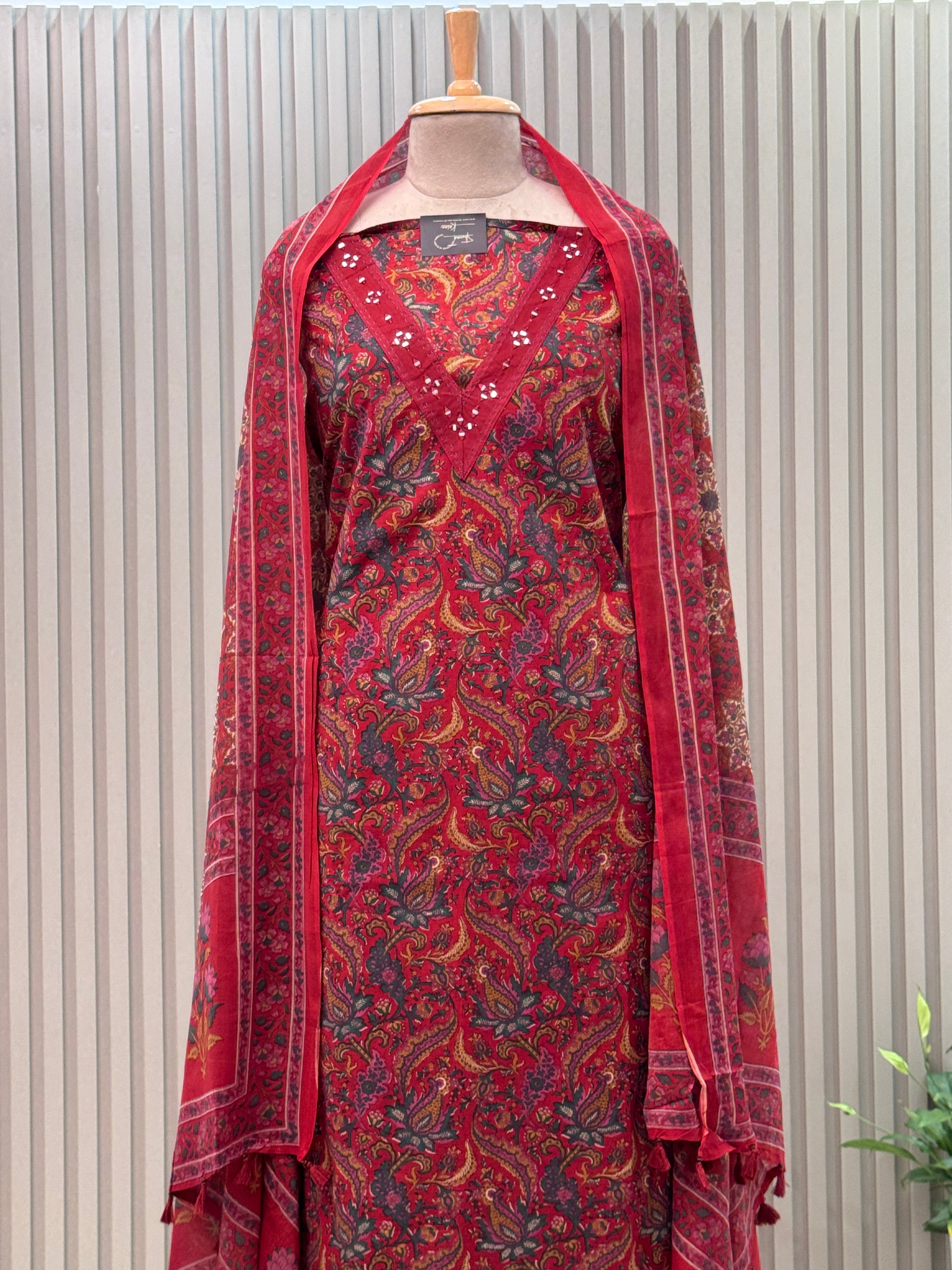 Cotton Suit V-Neck Mirror Work 3pc set