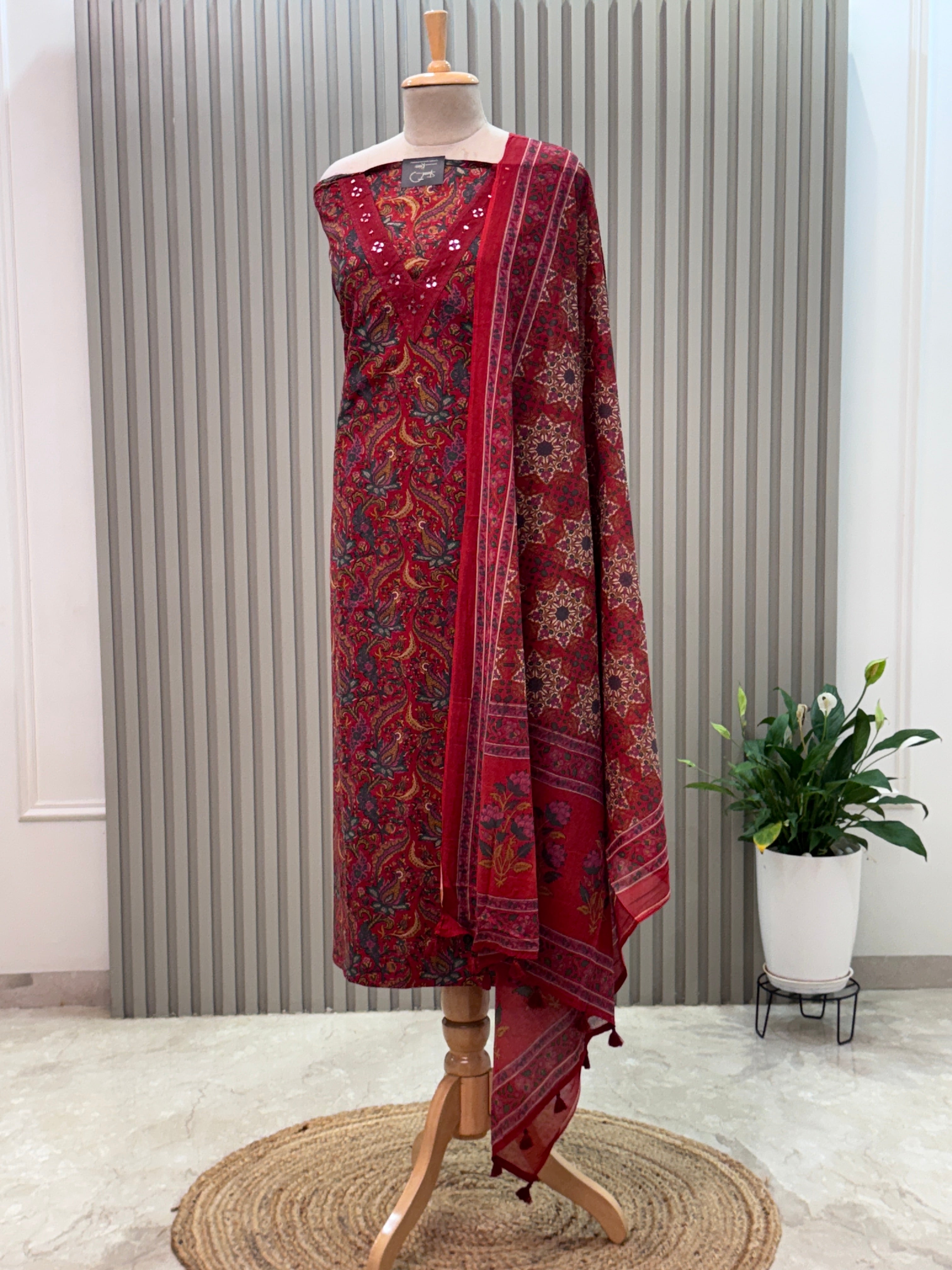 Cotton Suit V-Neck Mirror Work 3pc set