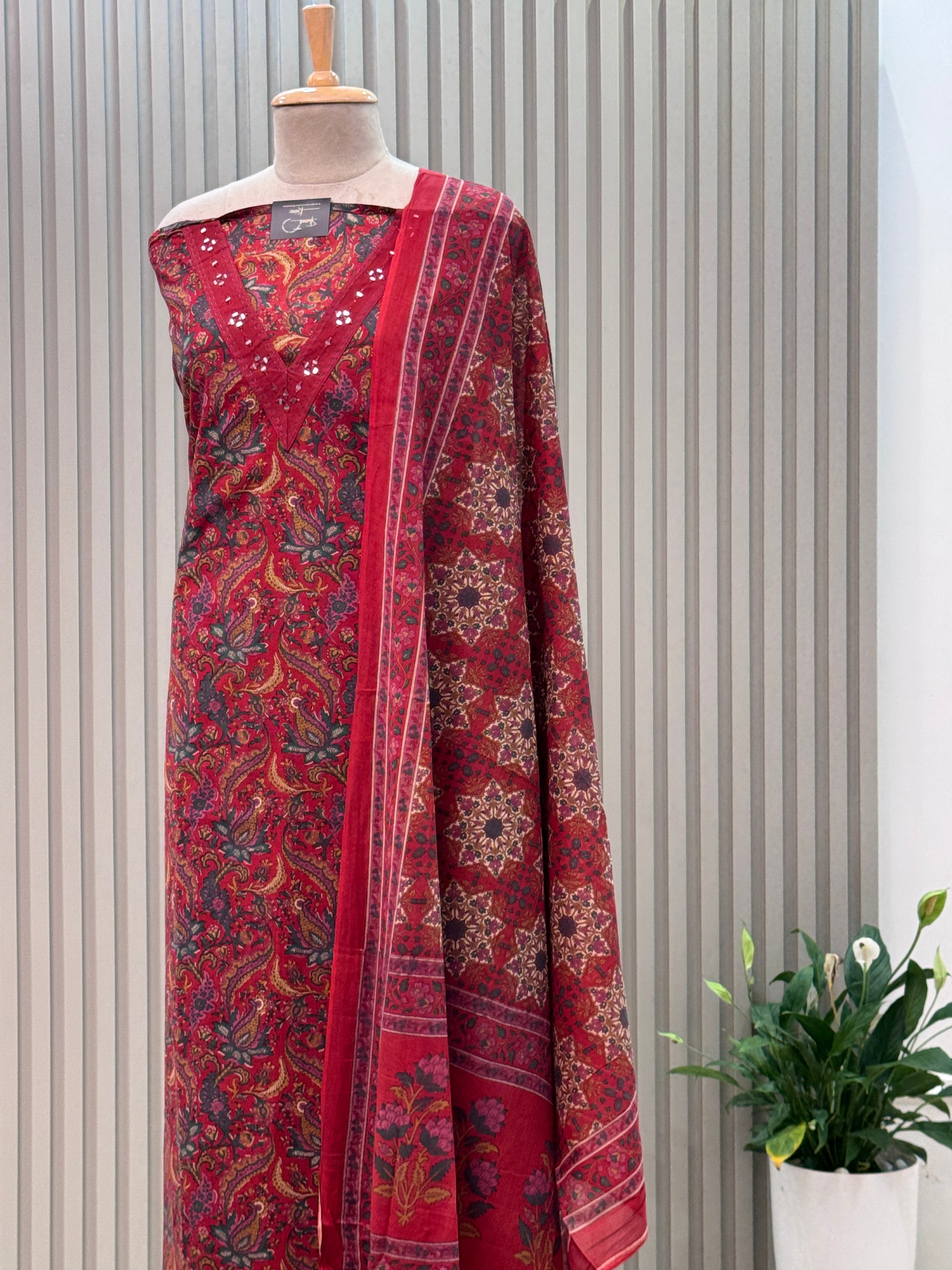 Cotton Suit V-Neck Mirror Work 3pc set