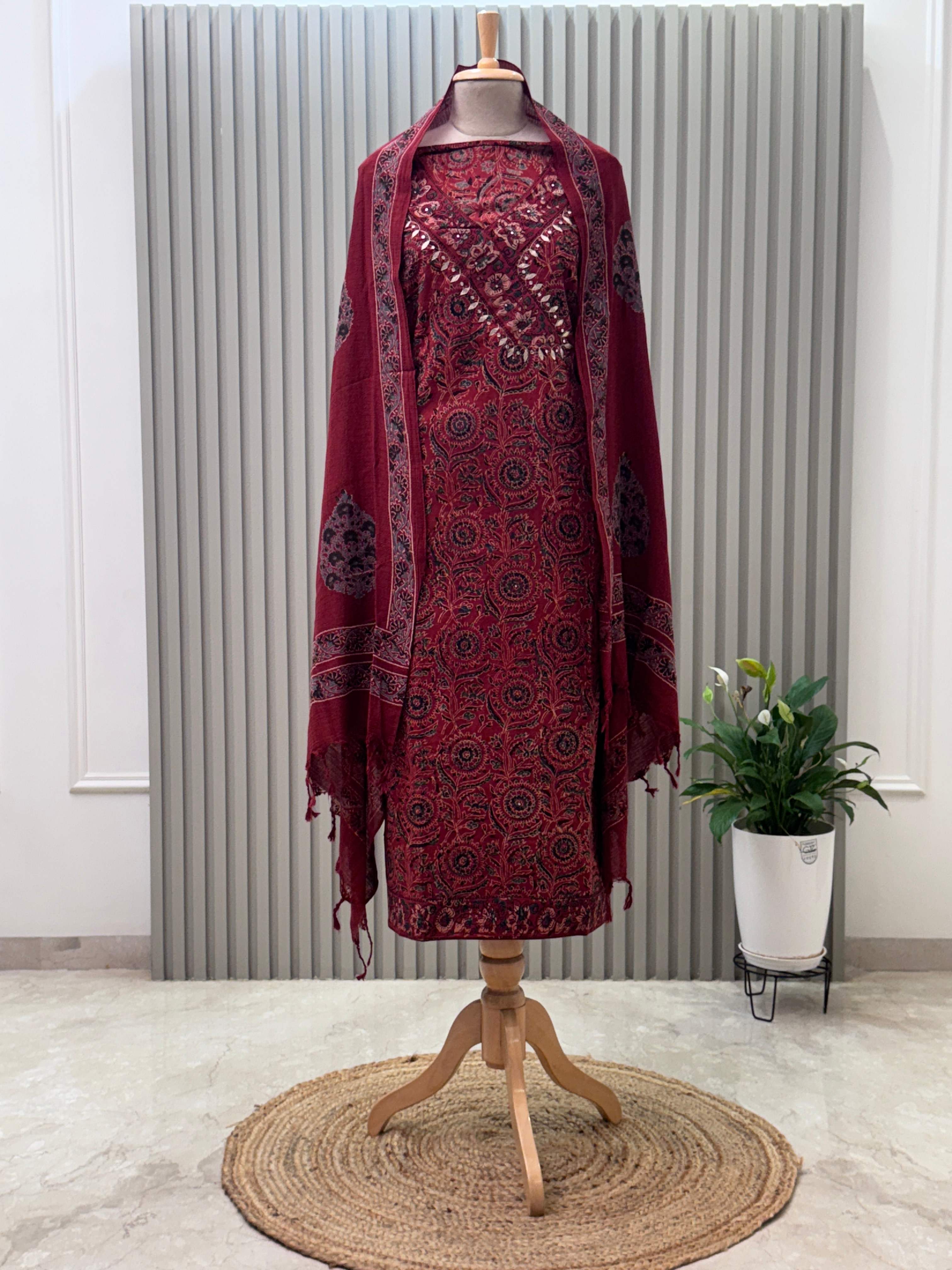 Cotton 3pc Angrakha Suit with Gota Patti & Ajrakh Design