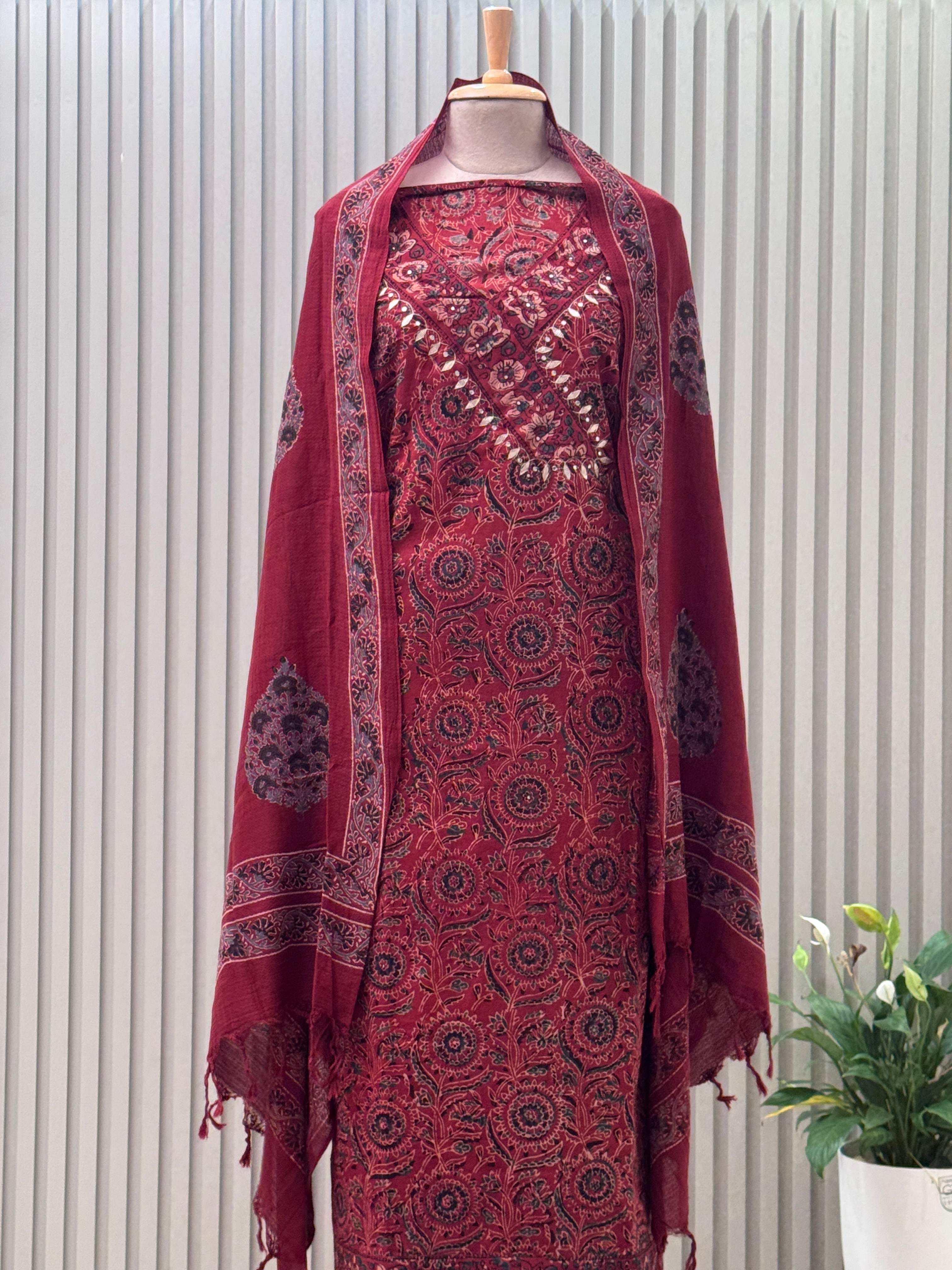 Cotton 3pc Angrakha Suit with Gota Patti & Ajrakh Design