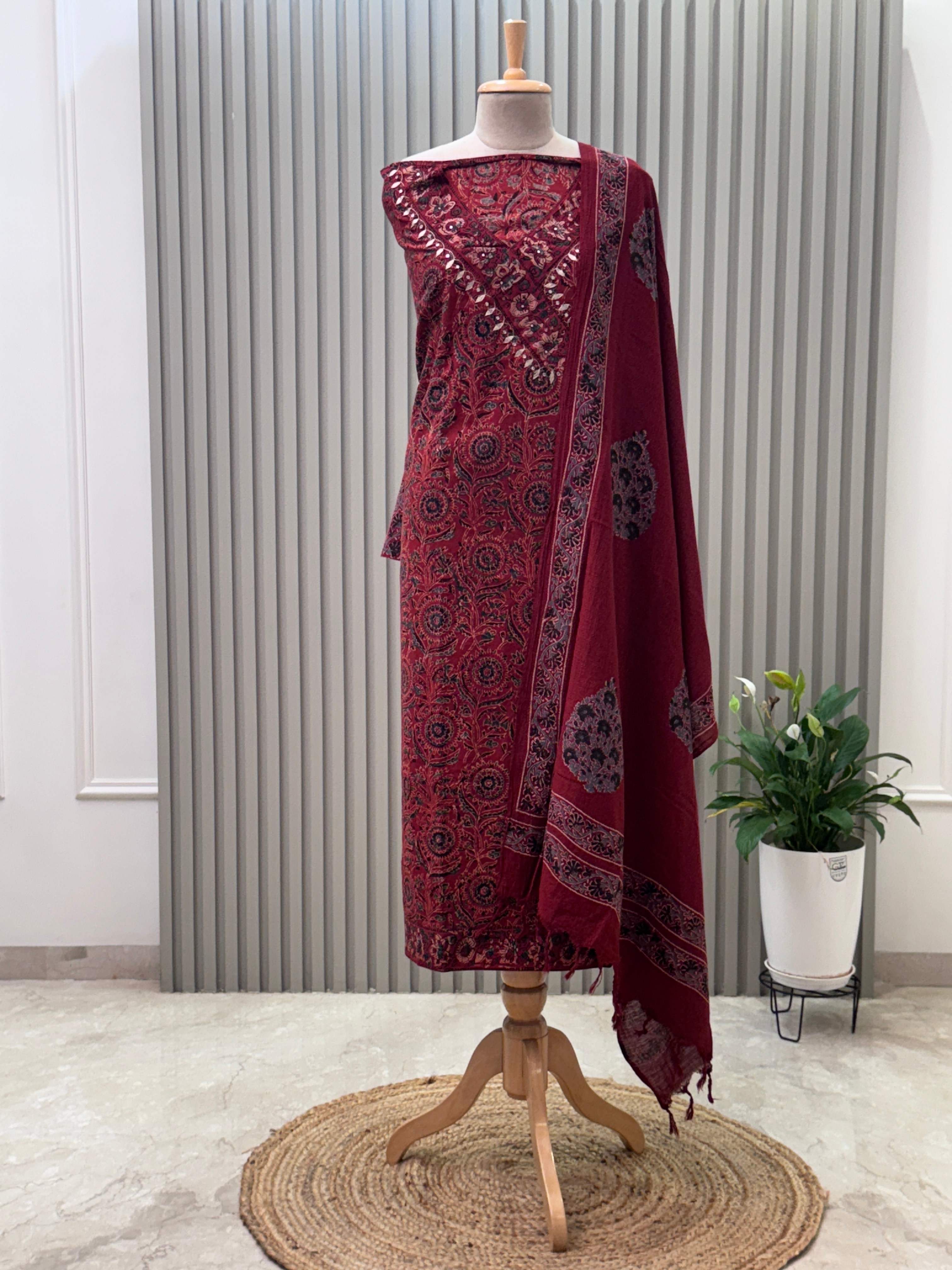 Cotton 3pc Angrakha Suit with Gota Patti & Ajrakh Design