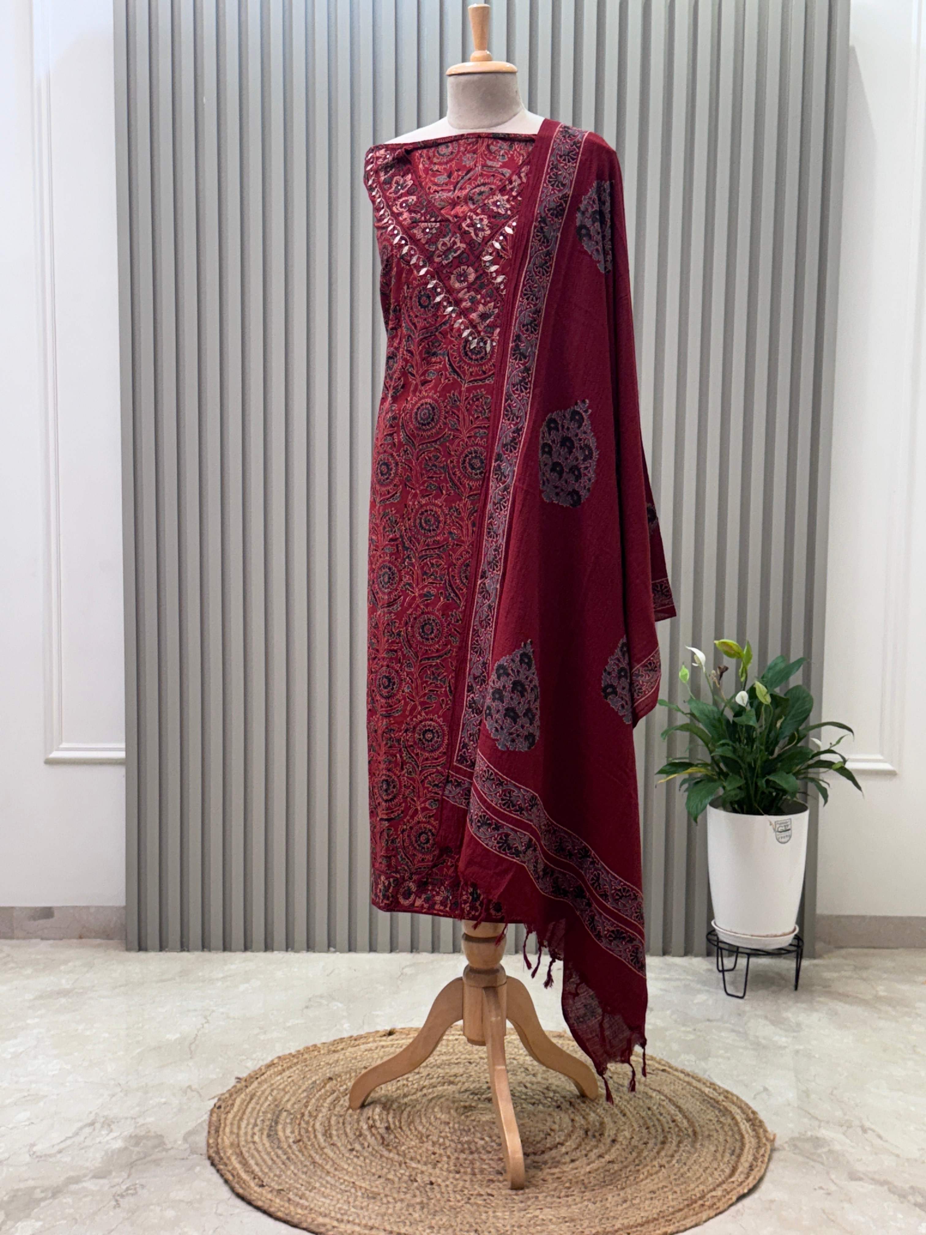Cotton 3pc Angrakha Suit with Gota Patti & Ajrakh Design