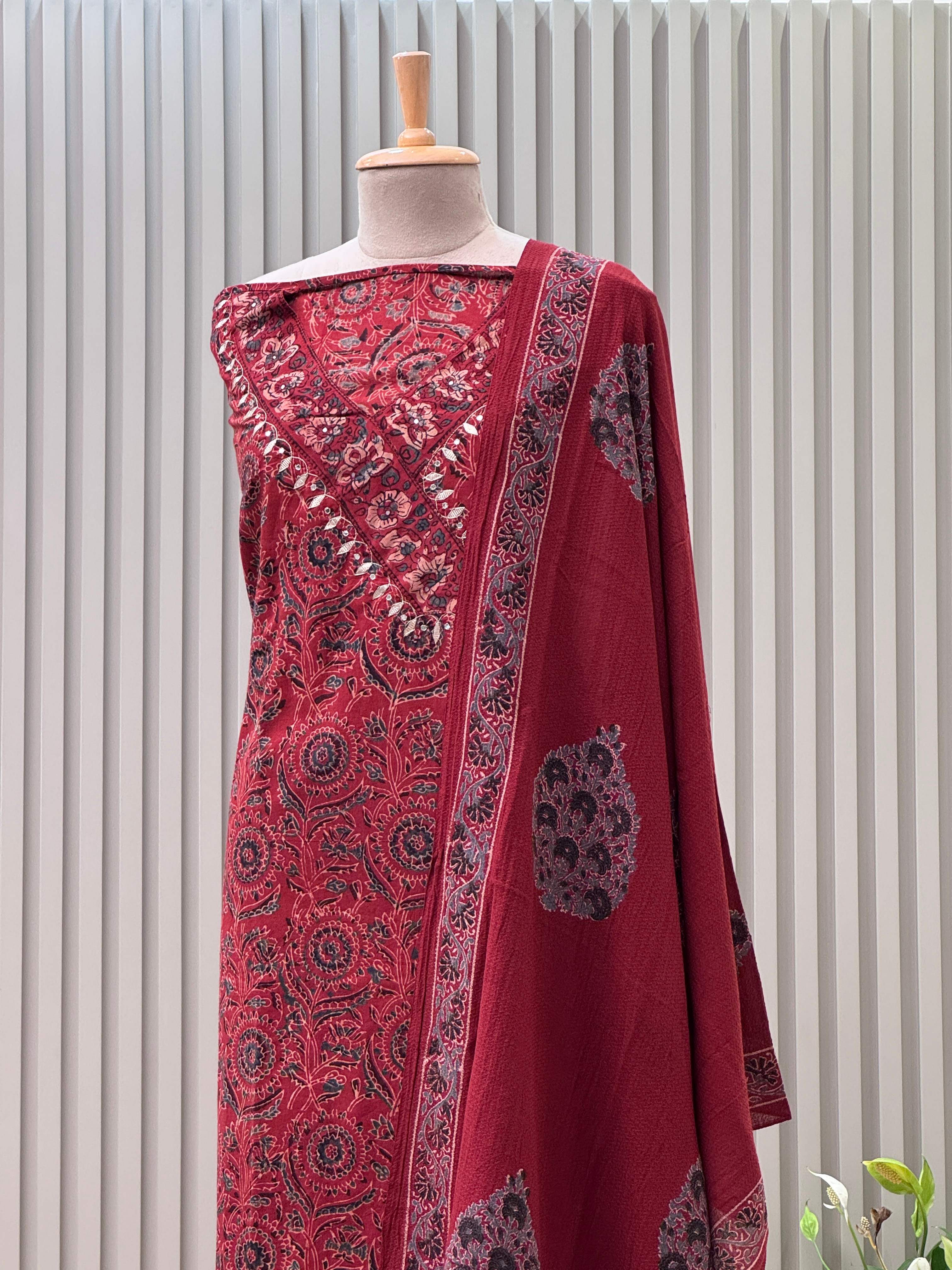 Cotton 3pc Angrakha Suit with Gota Patti & Ajrakh Design