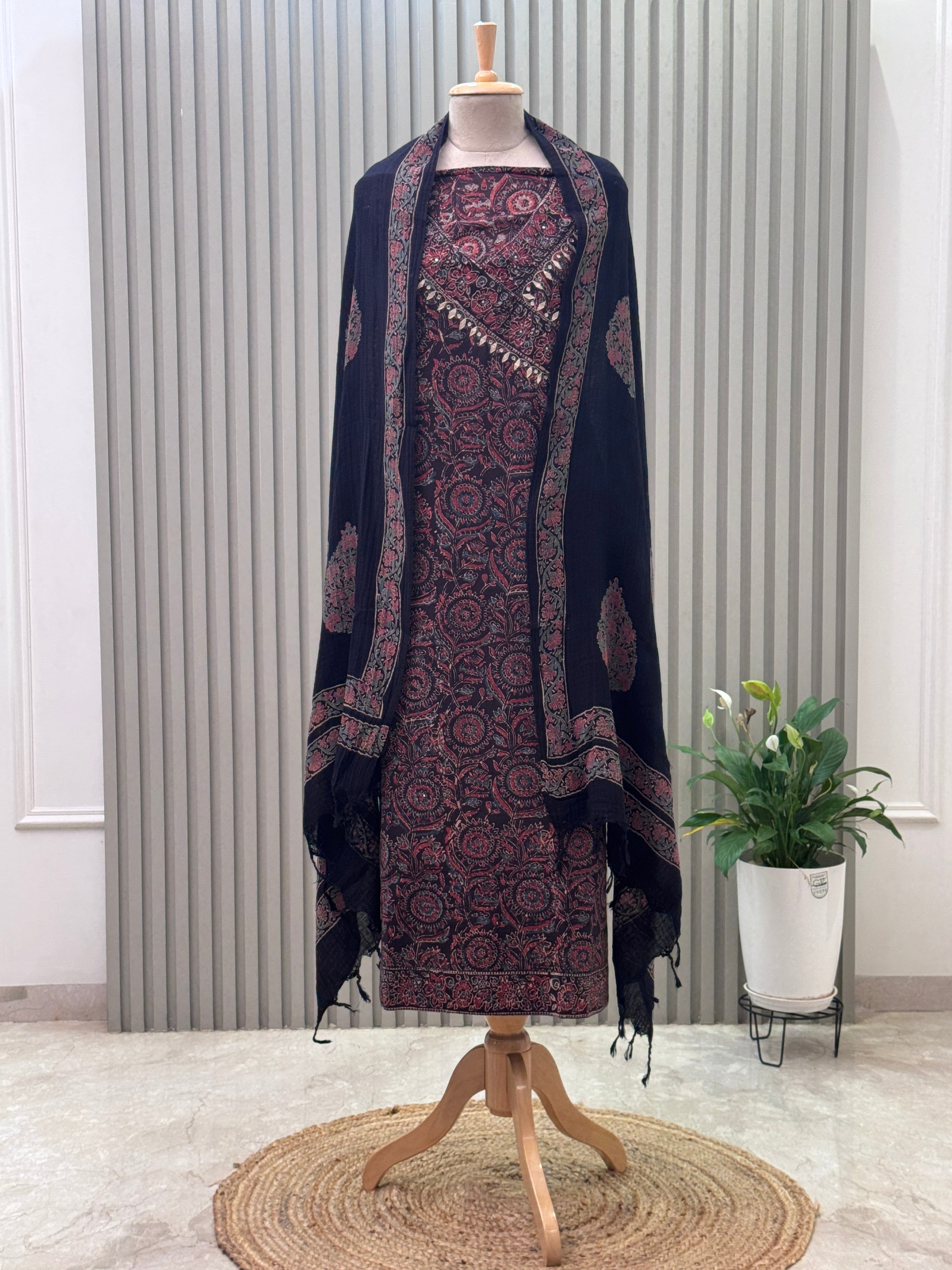 Cotton 3pc Angrakha Suit with Gota Patti & Ajrakh Design